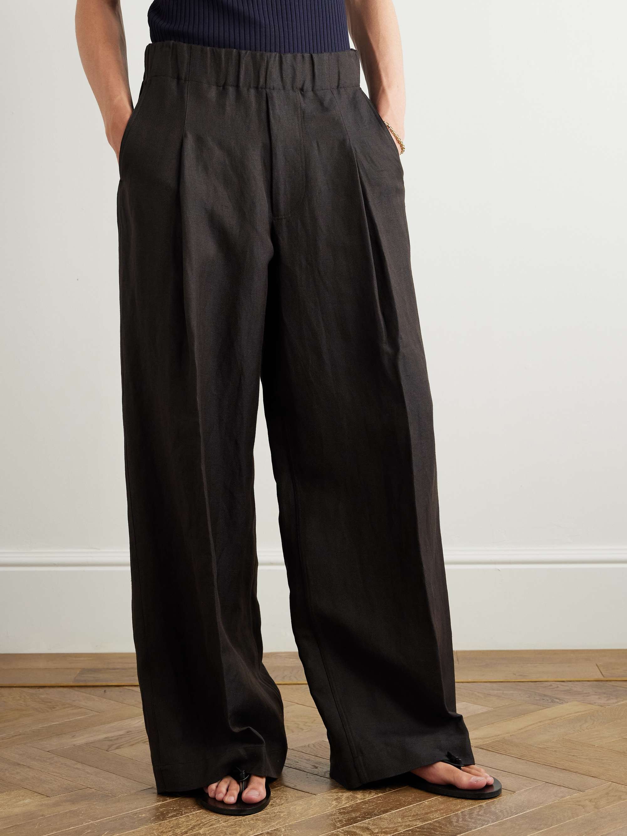 Wide-Leg Herringbone Linen and Wool-Blend Trousers view