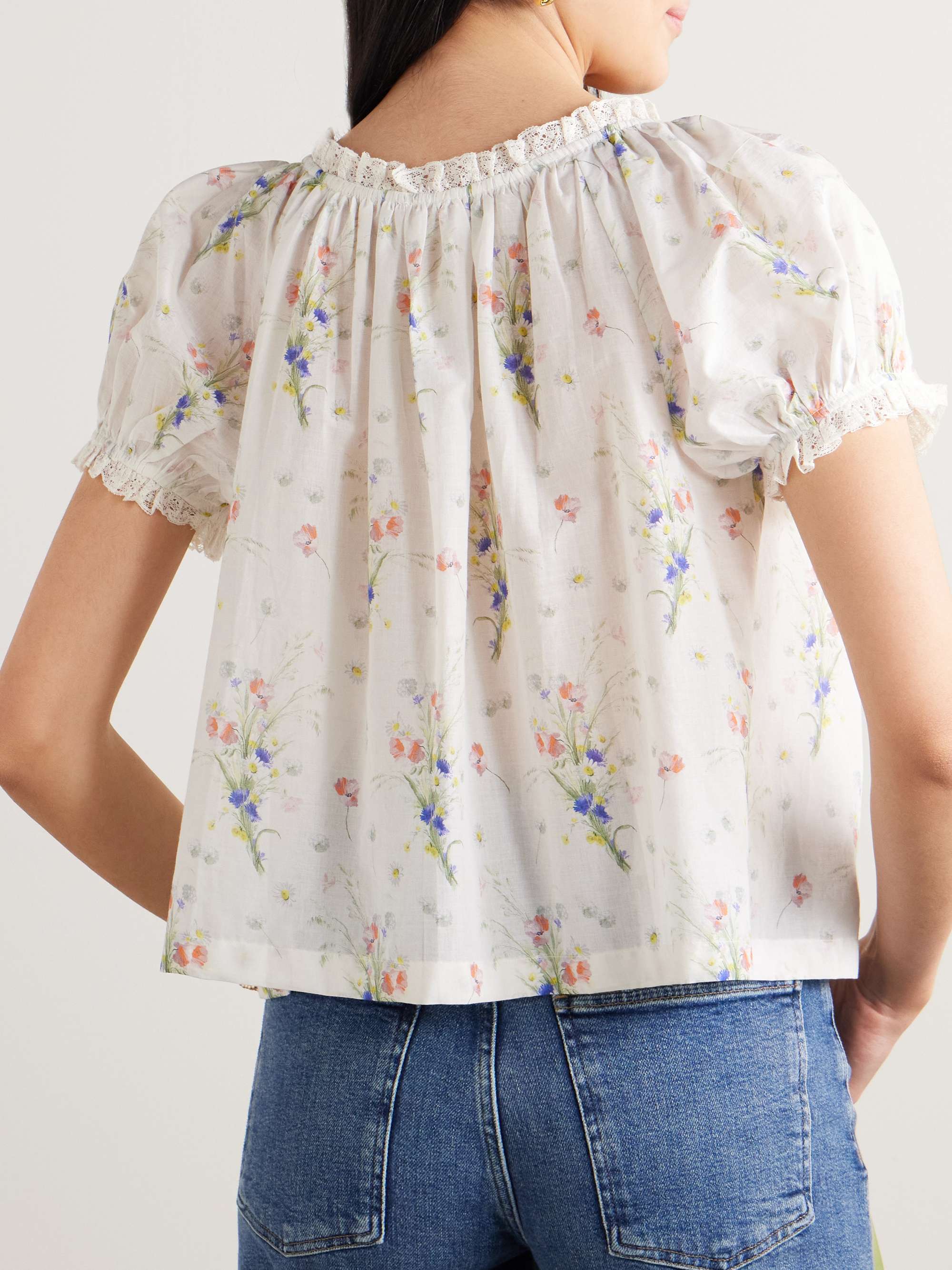 Frederica lace-trimmed floral-print pintucked organic cotton-voile blouse view