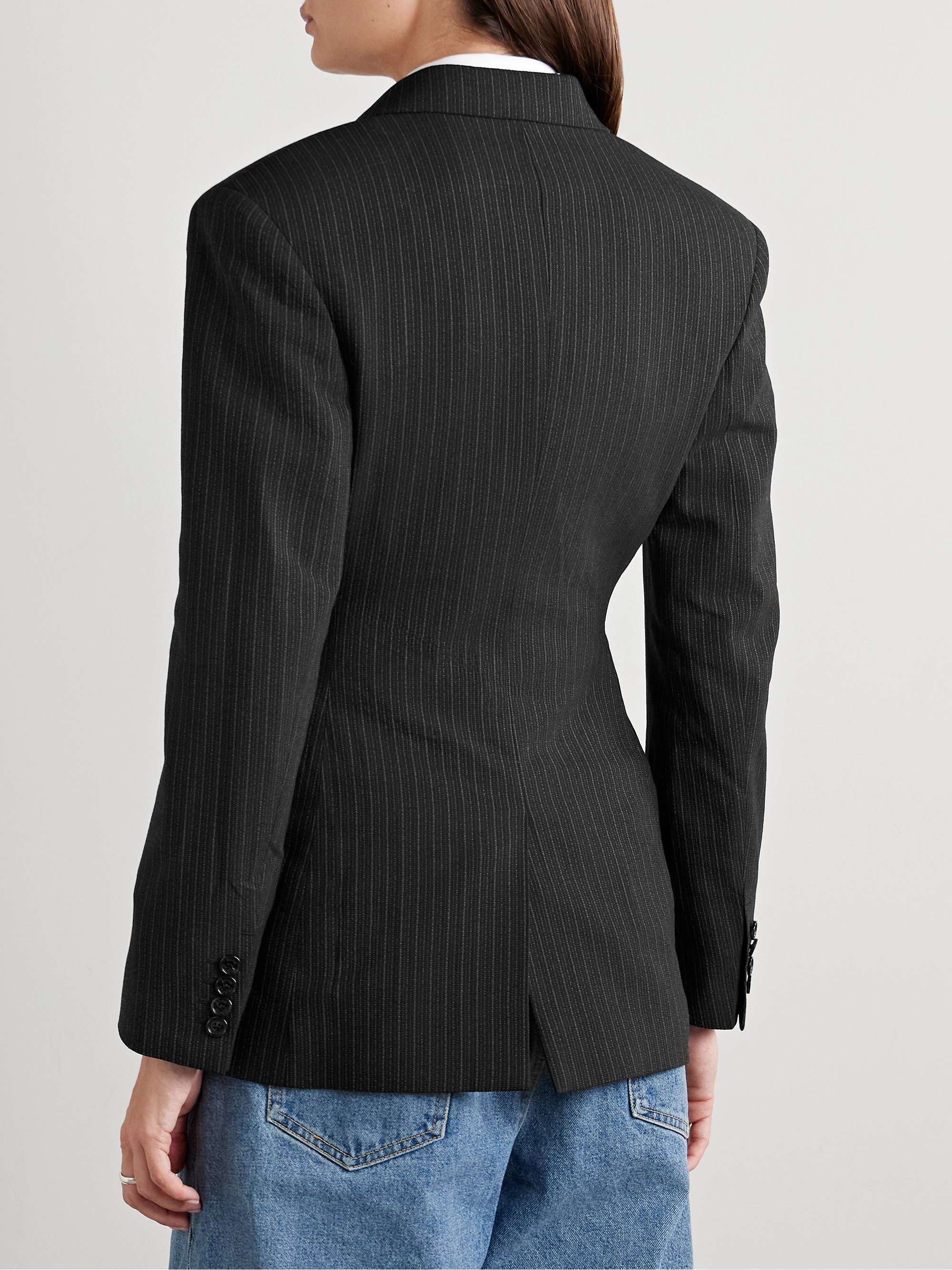 Double-breasted pinstriped wool and cotton-blend blazer view