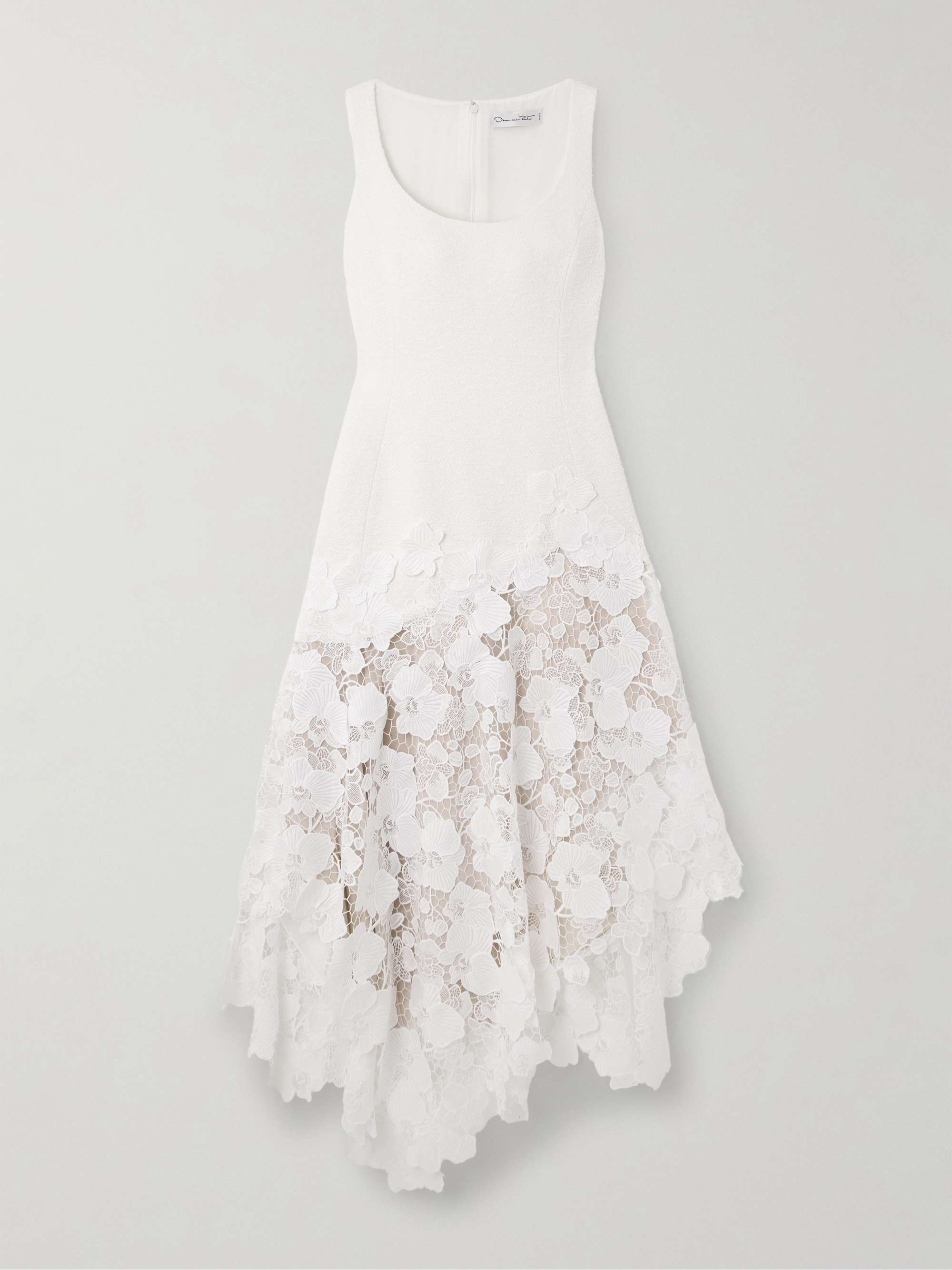 Asymmetric cotton and wool-blend bouclé and guipure lace dress view