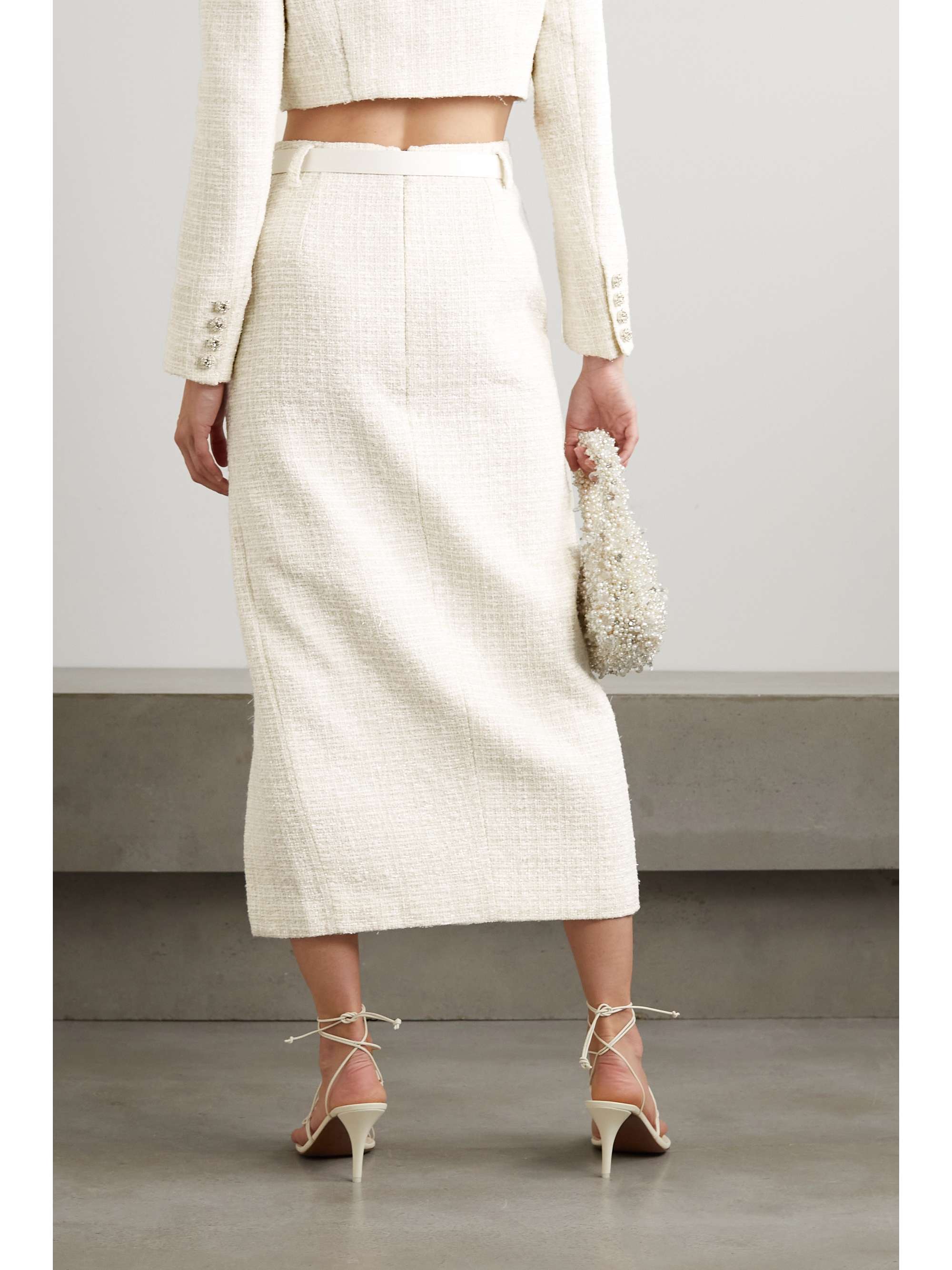 Belted satin-trimmed metallic bouclé-tweed midi skirt view