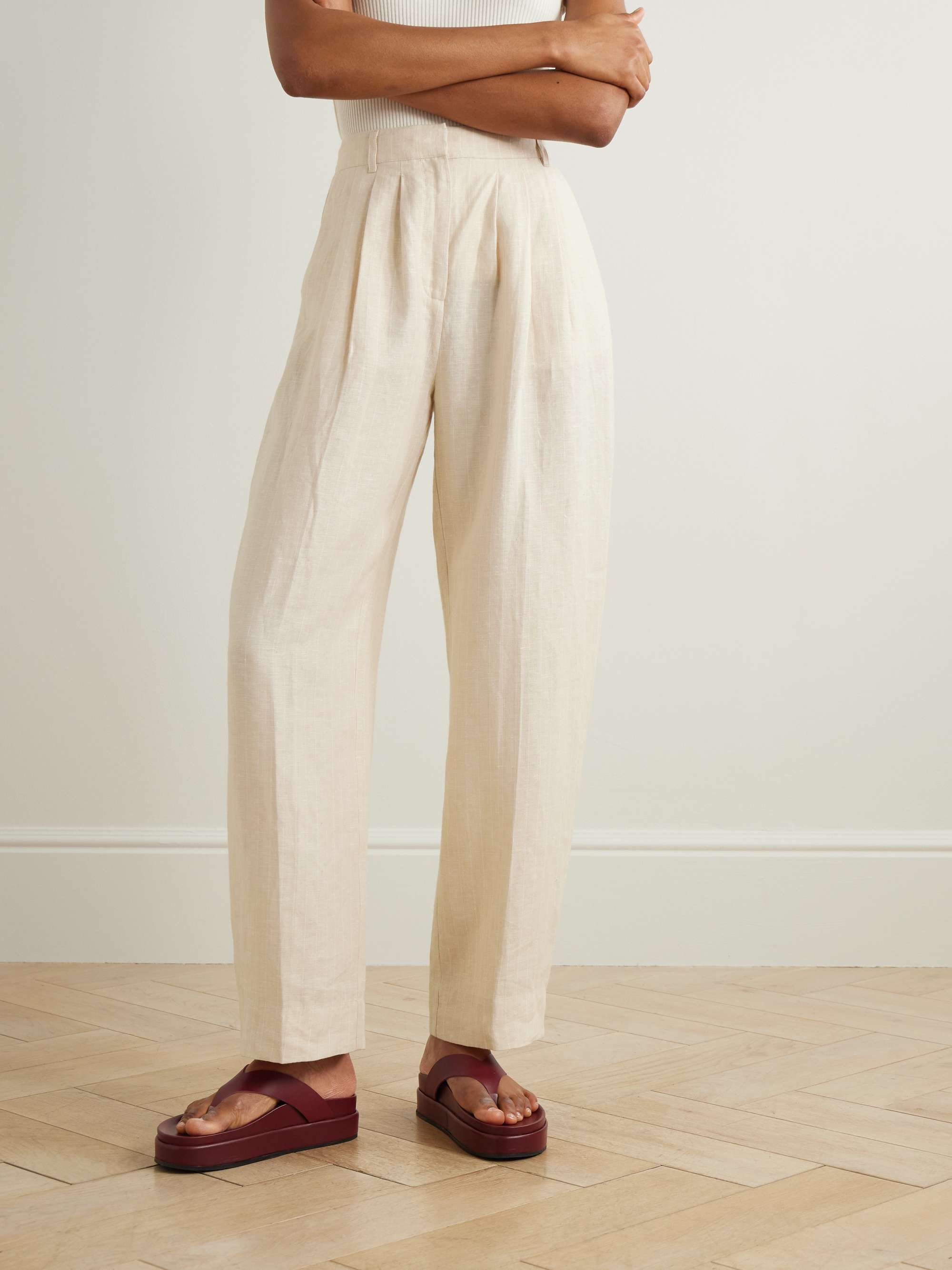 Lucille pleated pinstriped linen straight-leg pants view