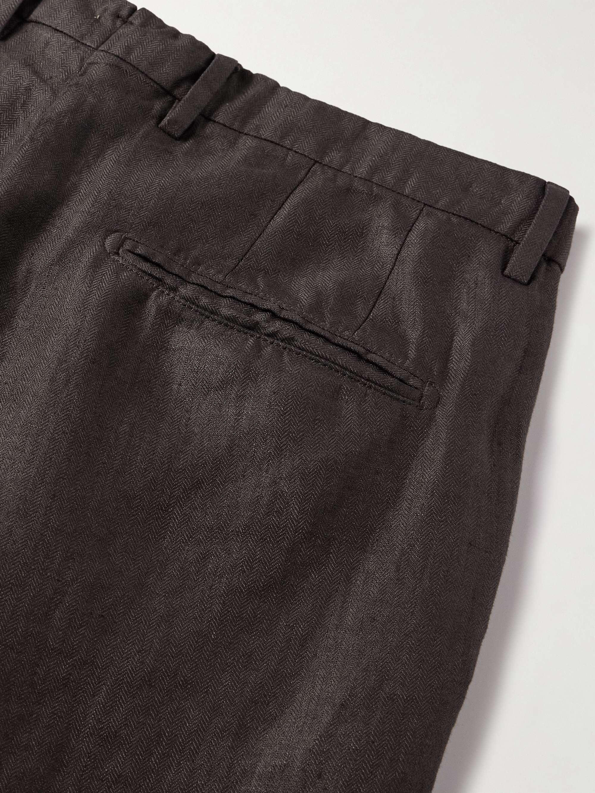 Straight-Leg Pleated Herringbone Linen Suit Trousers view