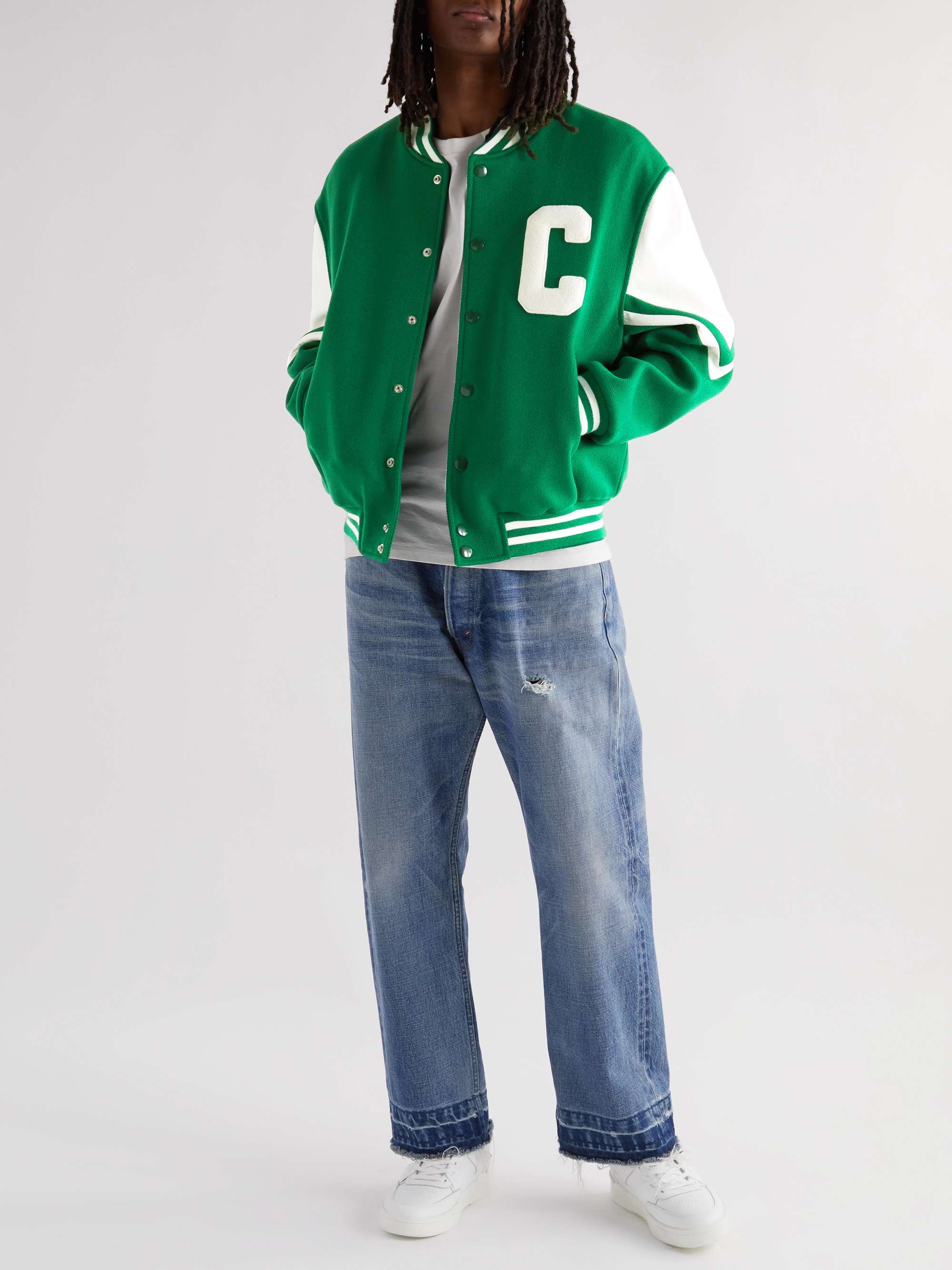 Teddy Appliquéd Virgin Wool-Blend and Leather Varsity Jacket view