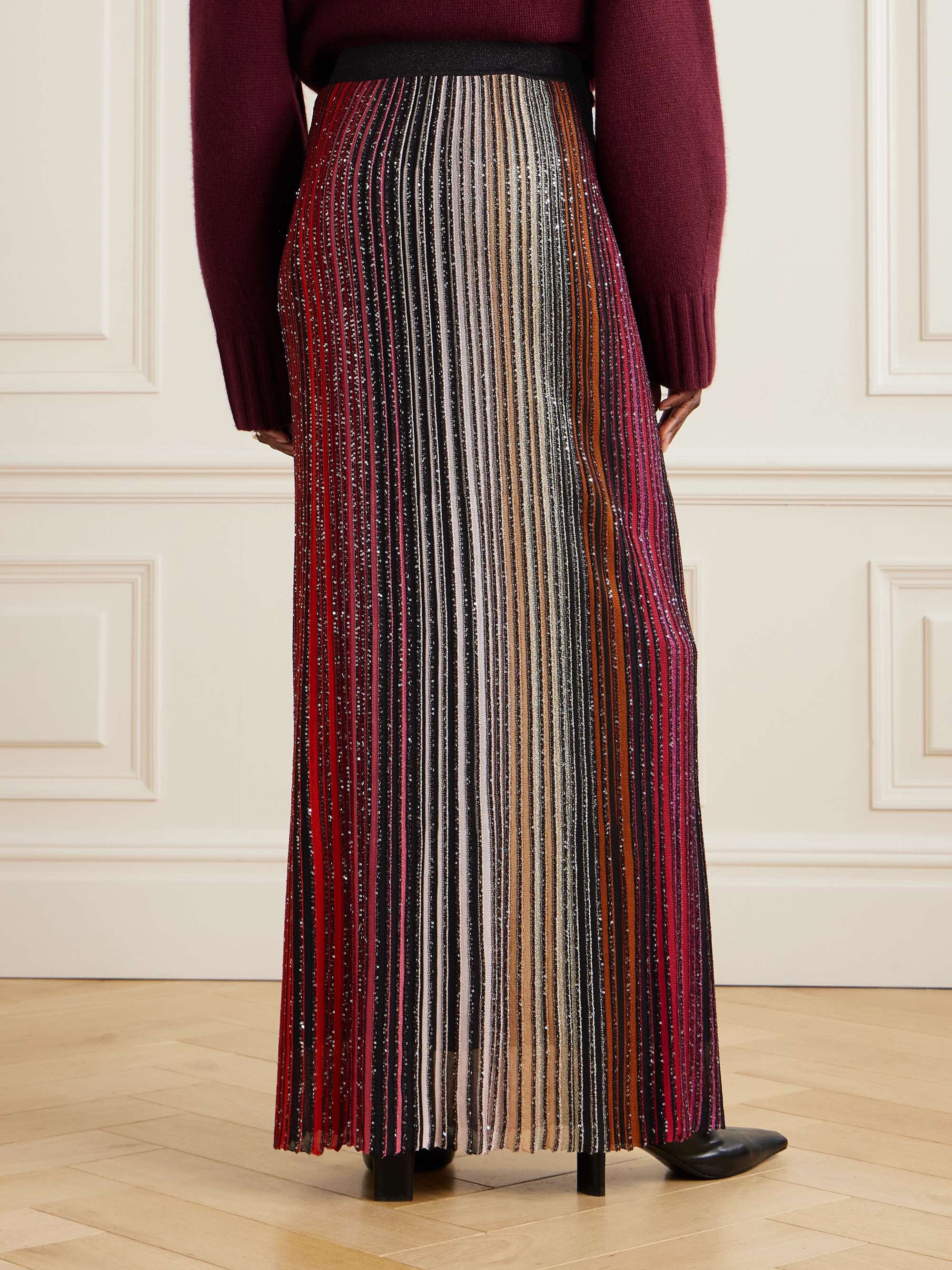 Pleated sequined striped metallic crochet-knit maxi skirt view
