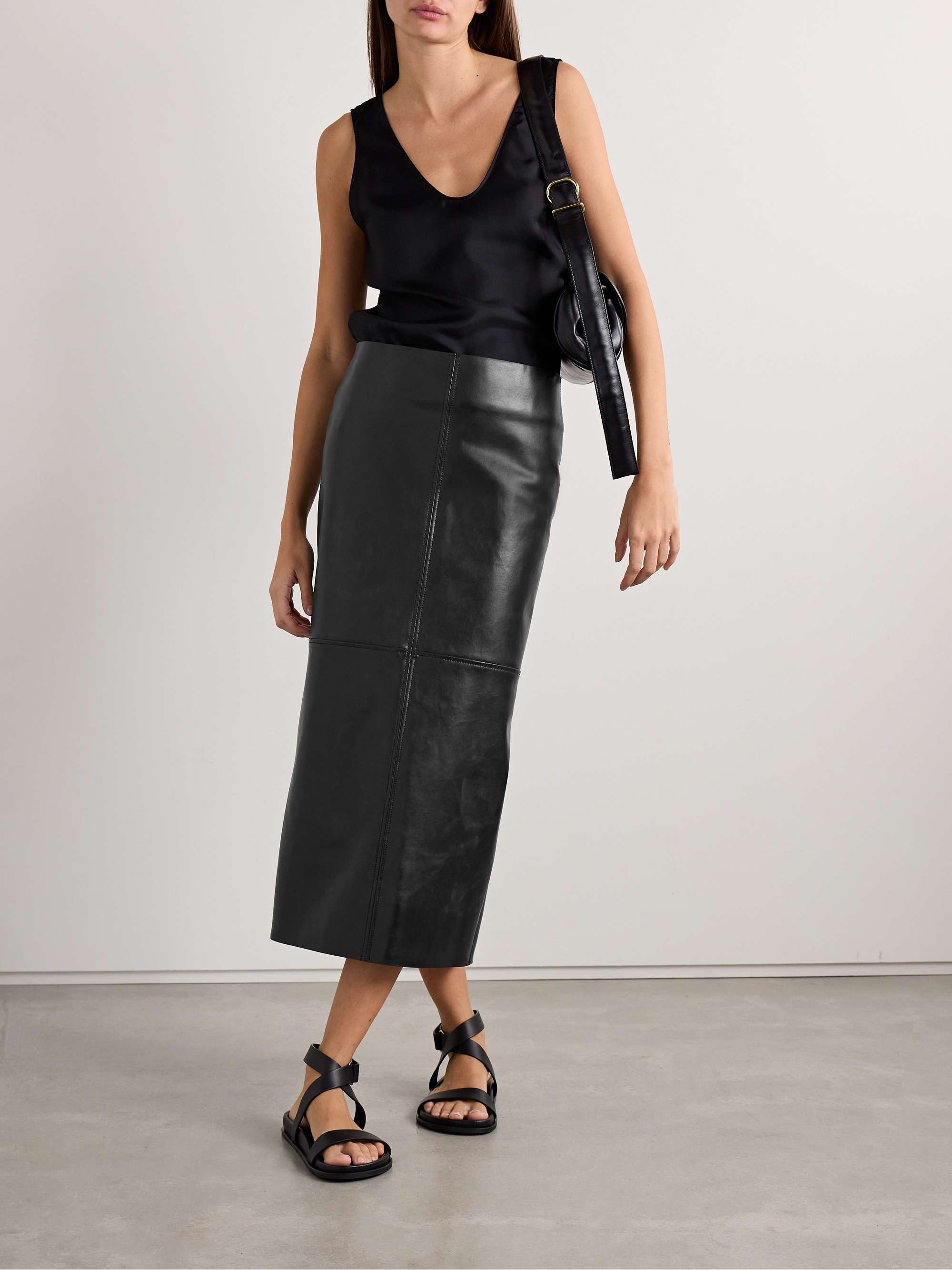 Paneled faux leather midi skirt view