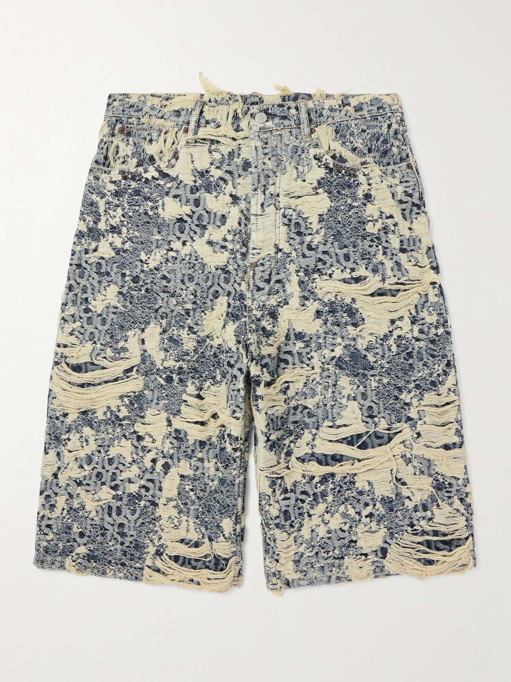 Straight-Leg Logo-Jacquard Distressed Denim Shorts view