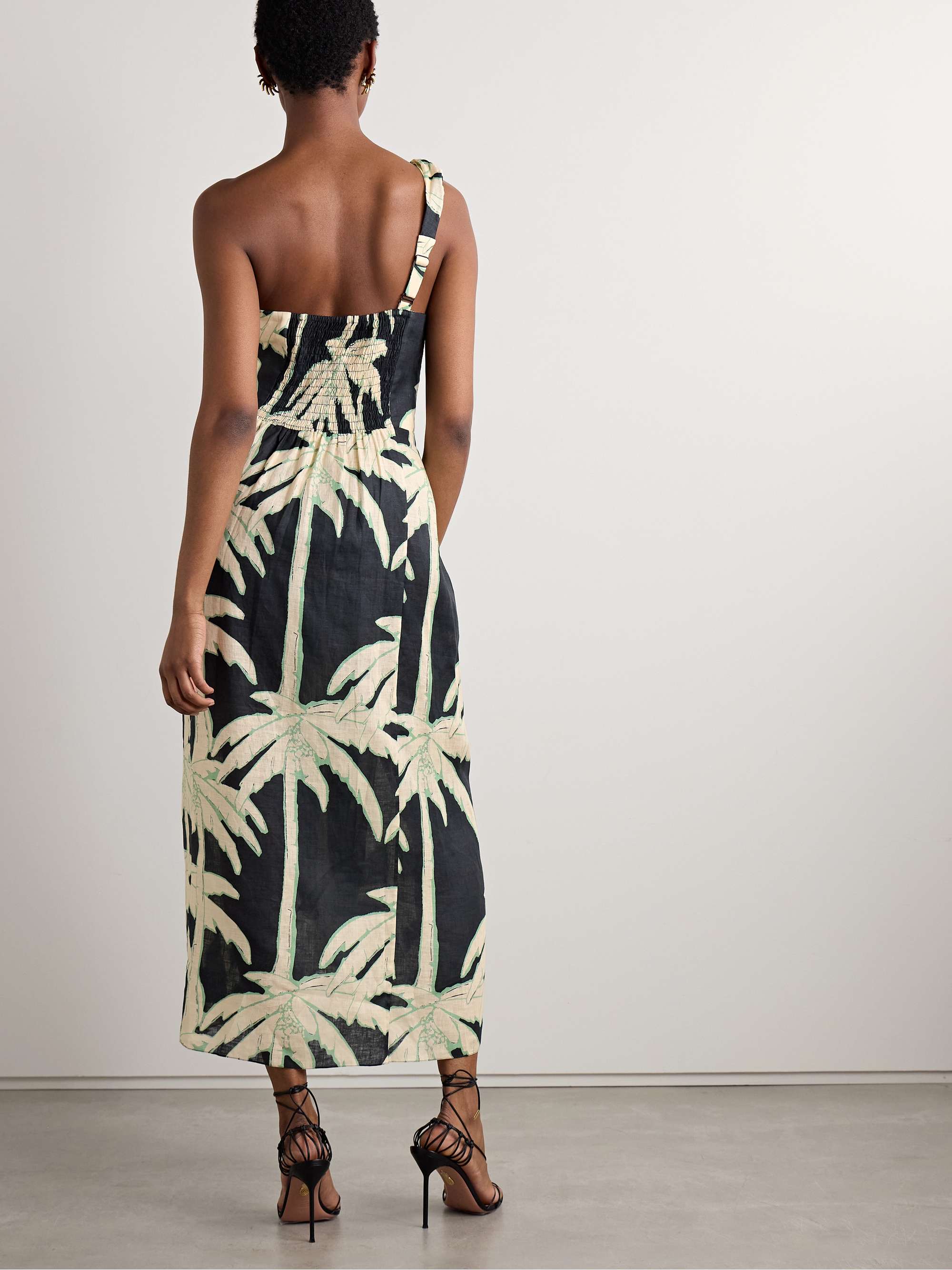 Dark Palms one-shoulder printed linen wrap-effect midi dress view