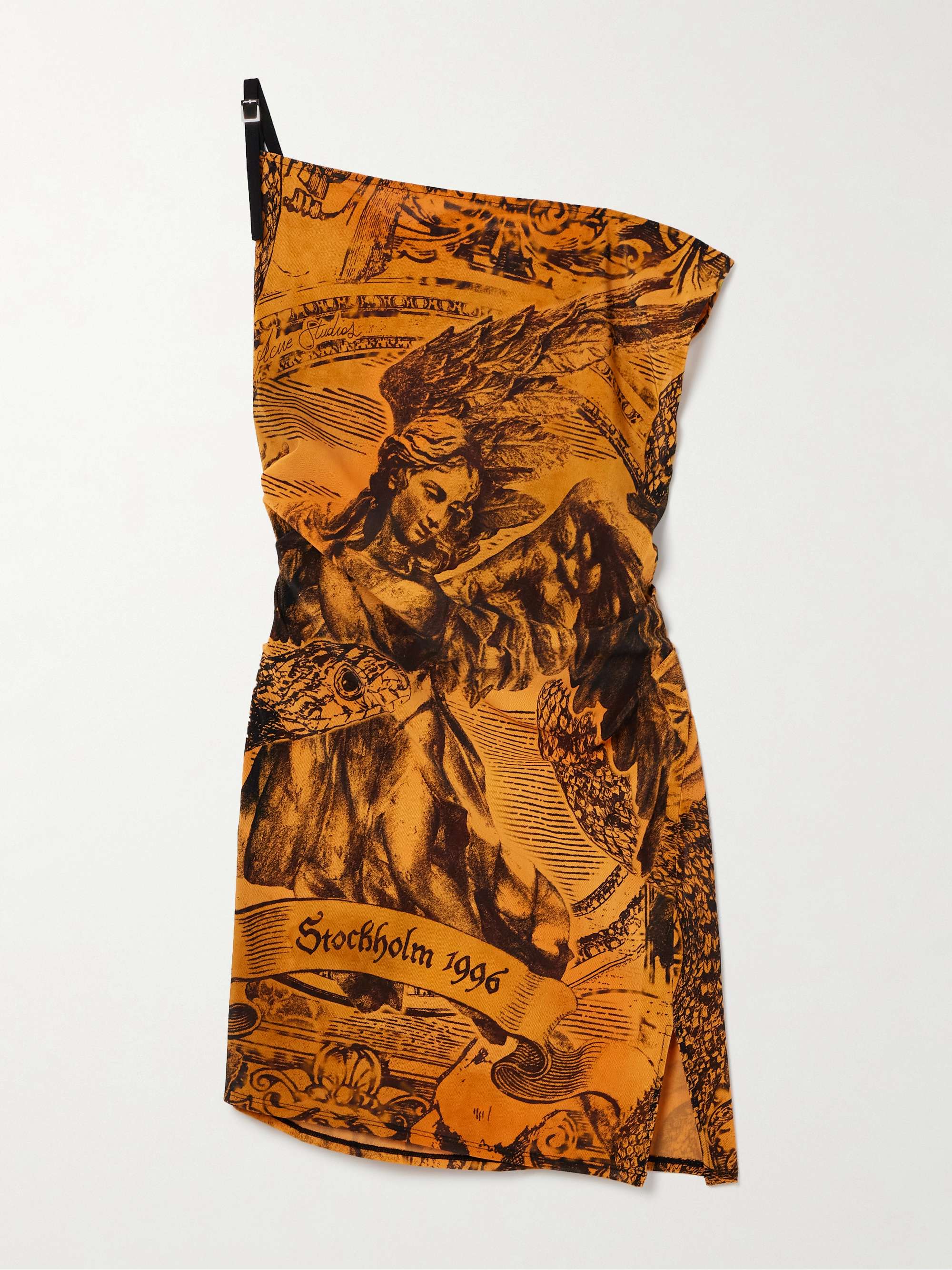 Off-the-shoulder ruched printed stretch-mesh mini dress view