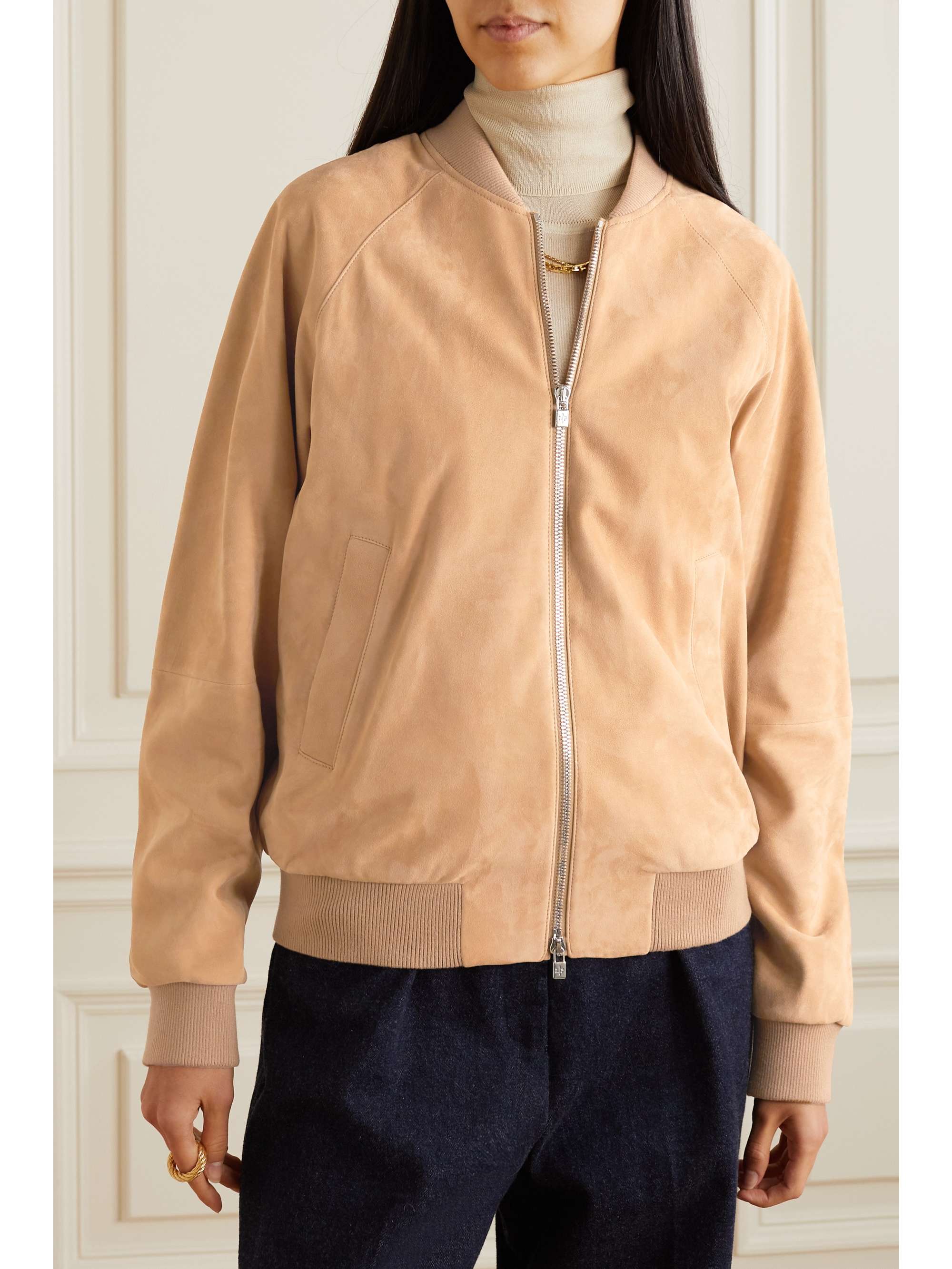 Ribbed cashmere-trimmed suede bomber jacket view