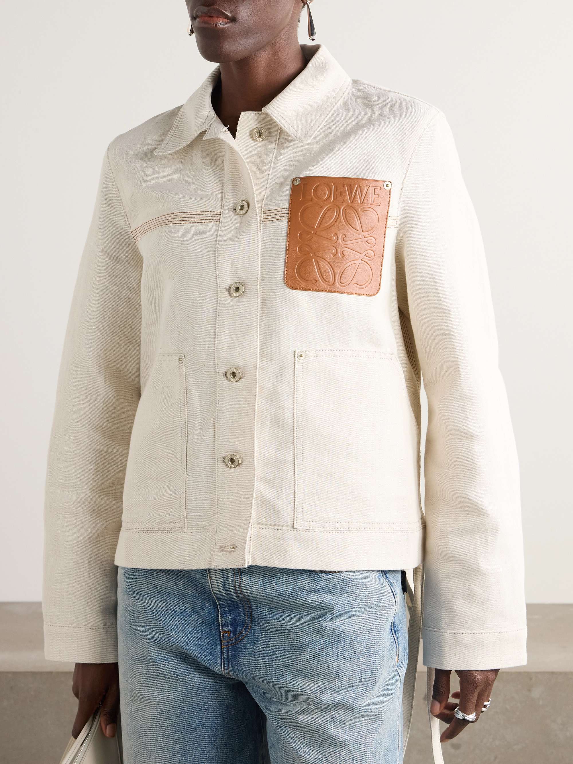 Asymmetric leather-trimmed cotton and linen-blend drill jacket view