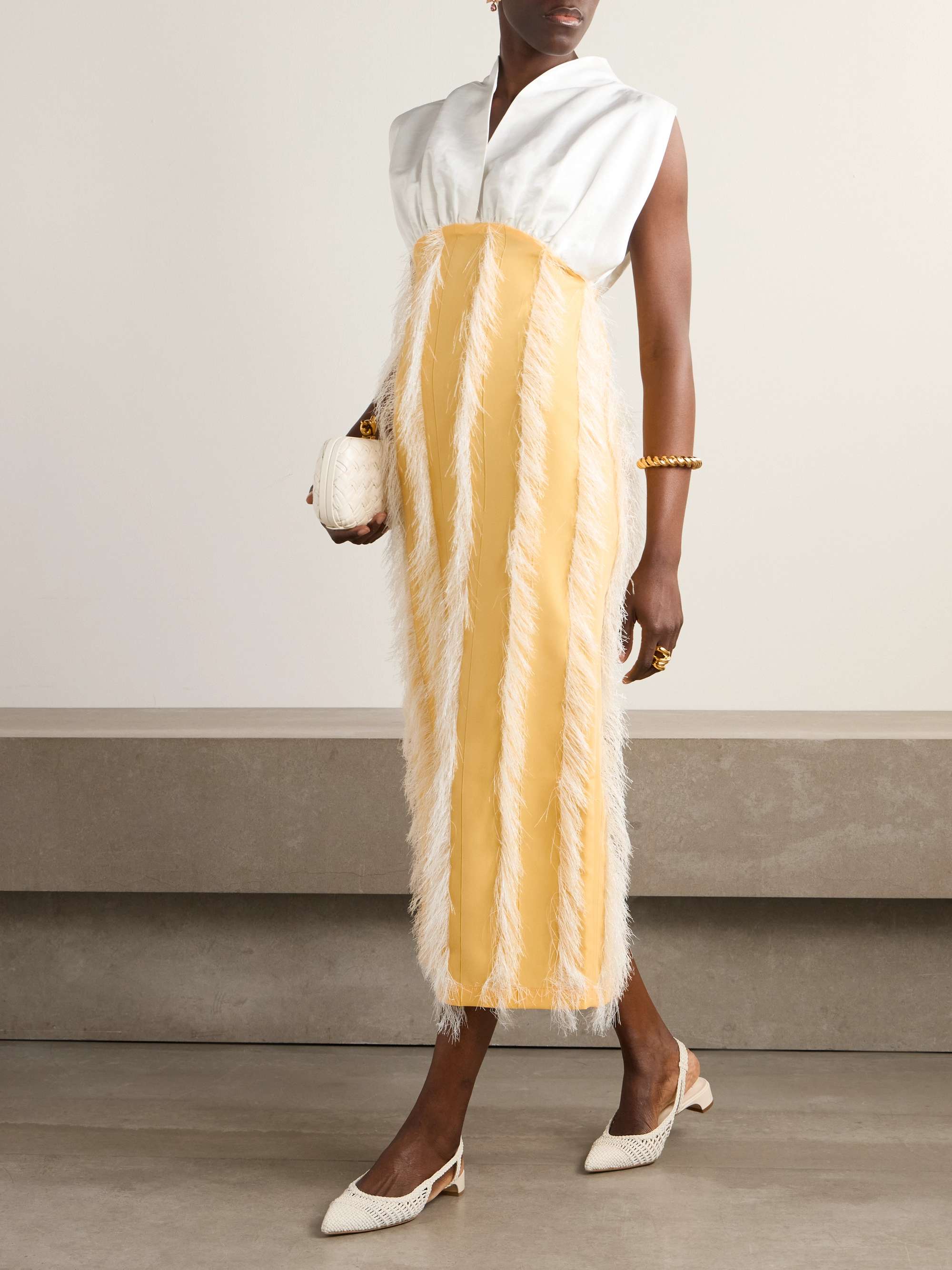Paz faux feather-trimmed pleated cotton-blend twill midi dress view