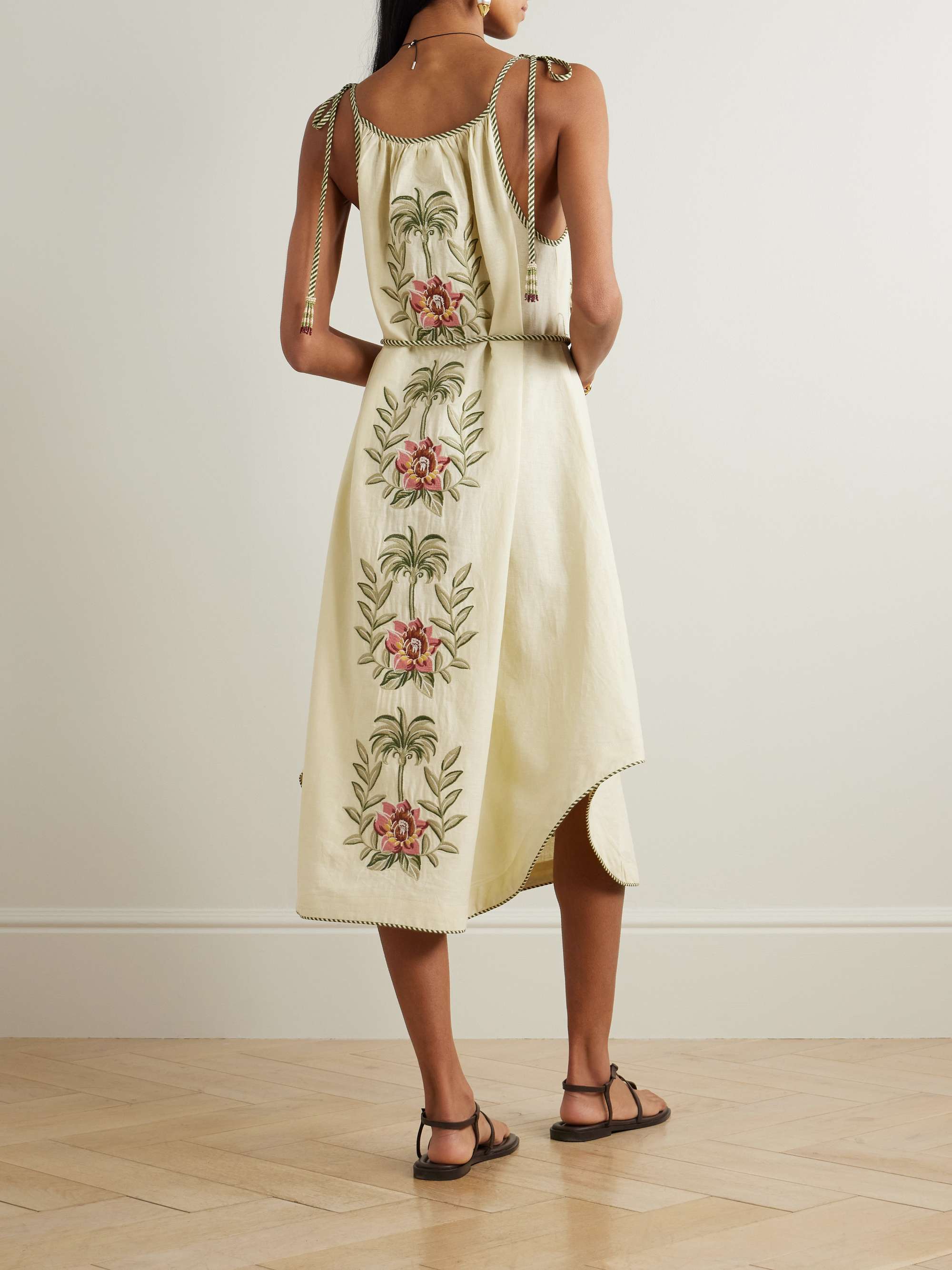 Floral-embroidered linen-blend midi dress view