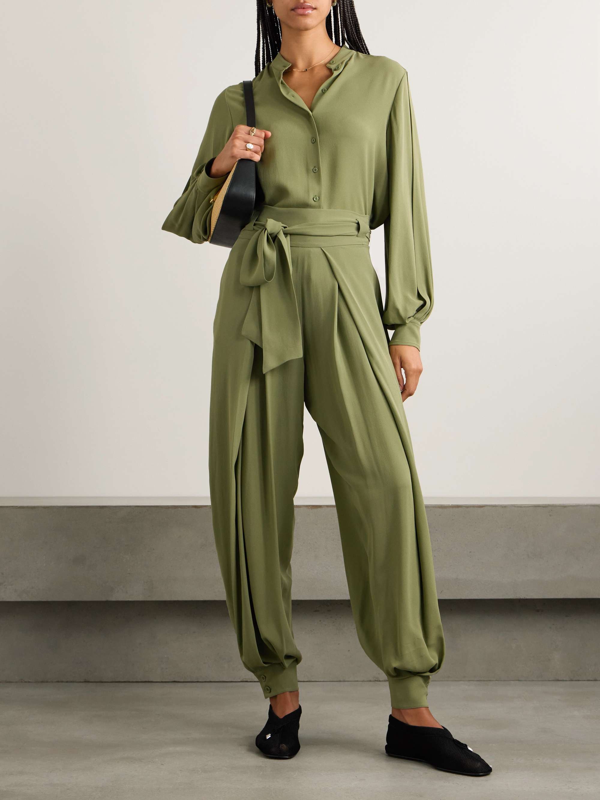 Gralan belted pleated silk-crepe tapered pants view
