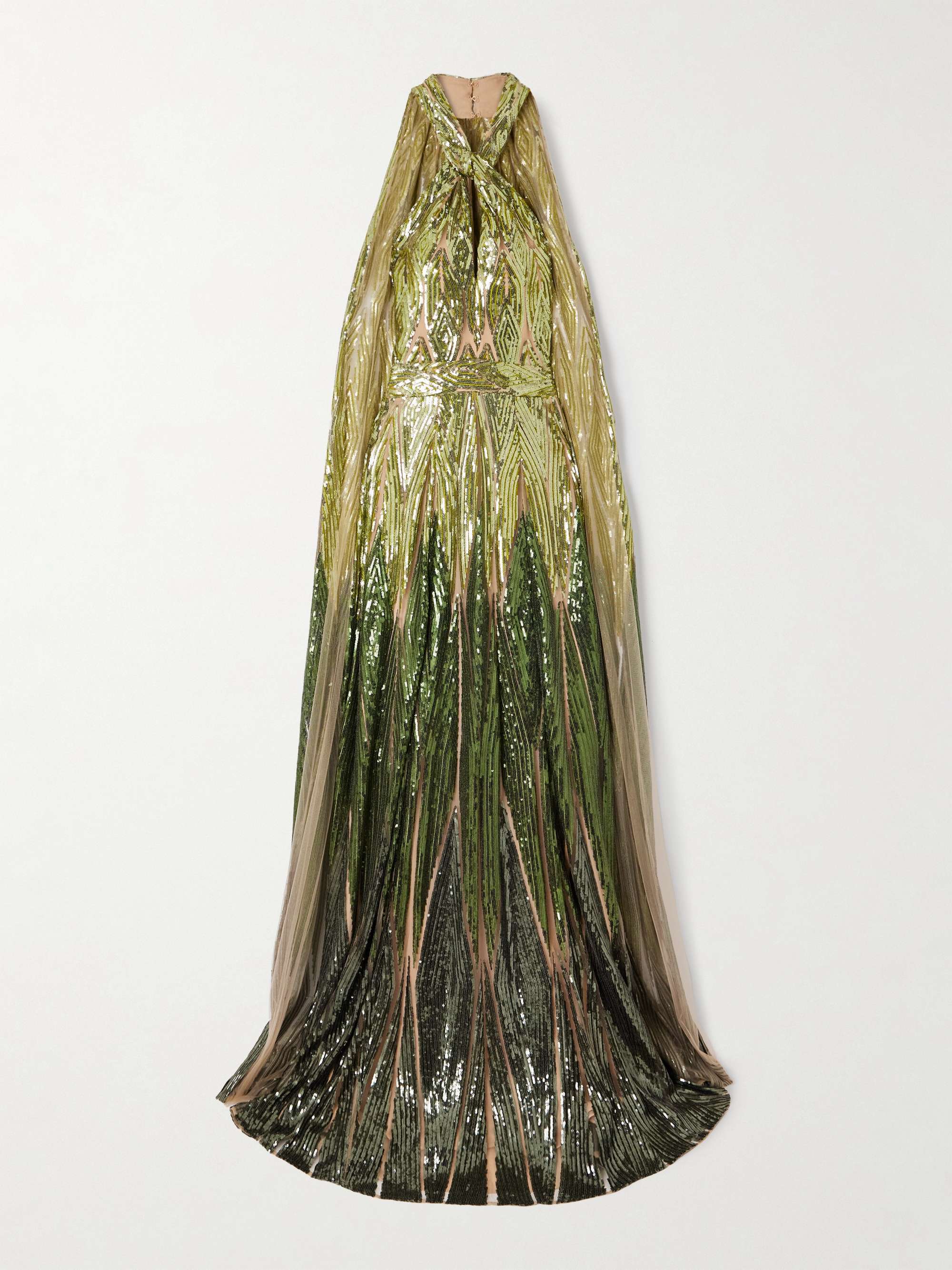 Cape-effect embroidered sequined tulle halterneck gown view