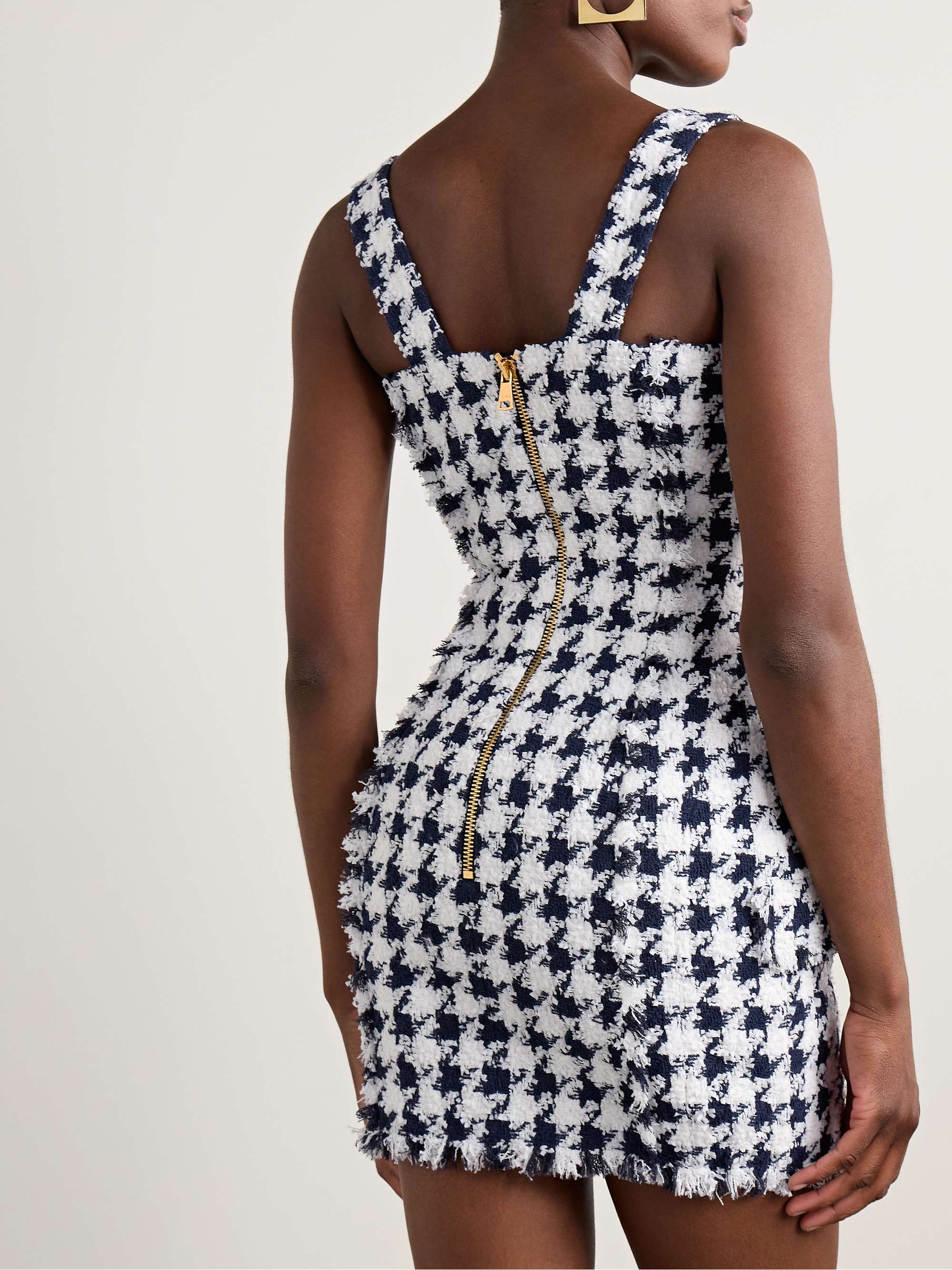 Button-embellished frayed tweed mini dress view
