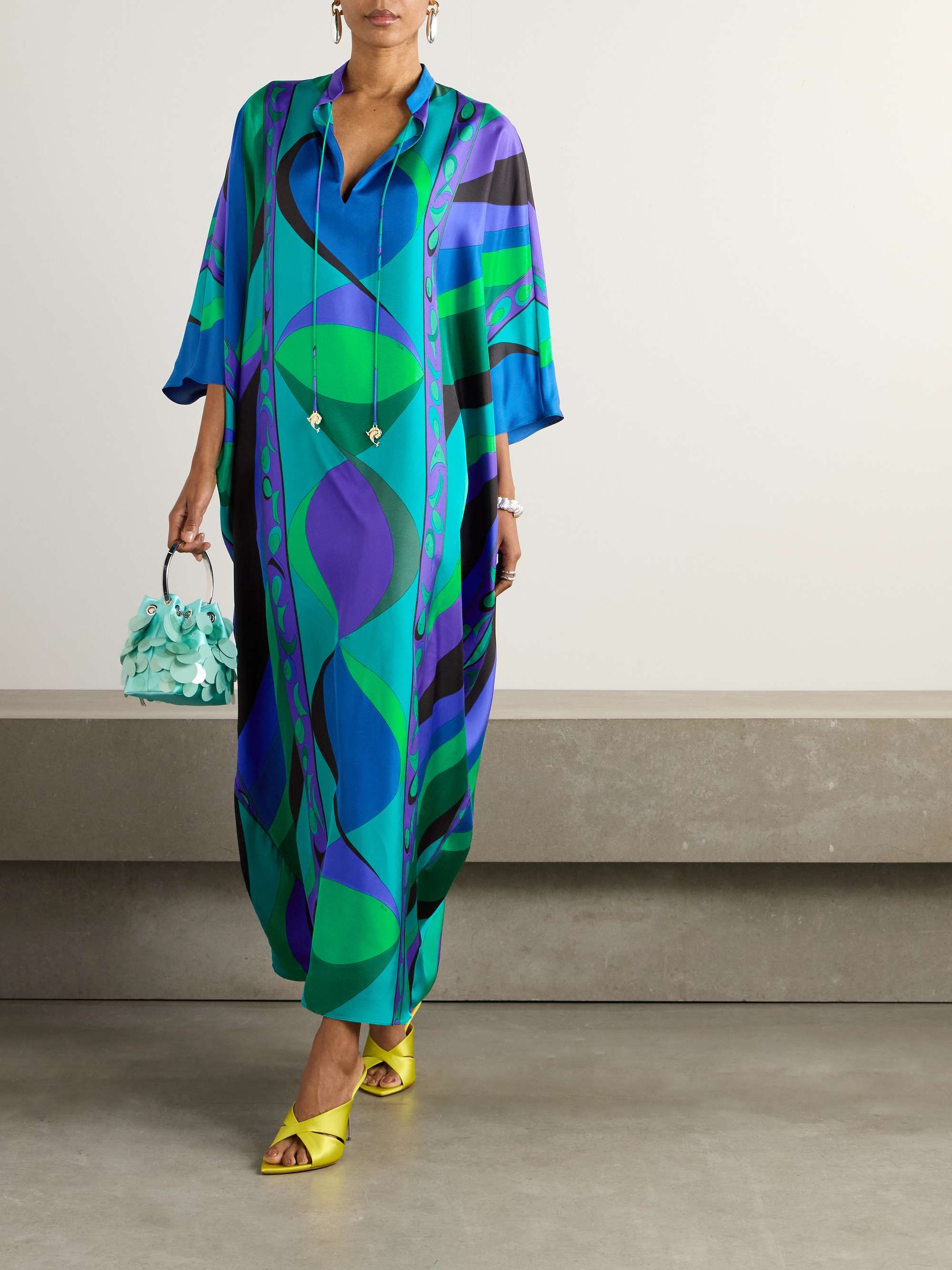 Embellished printed silk-twill kaftan view