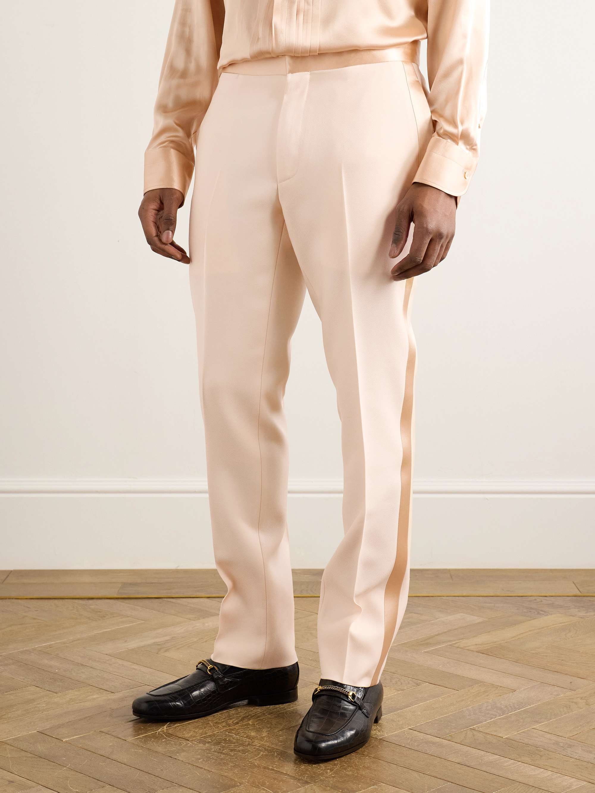 Tapered Satin-Trimmed Wool and Silk-Blend Twill Tuxedo Trousers view