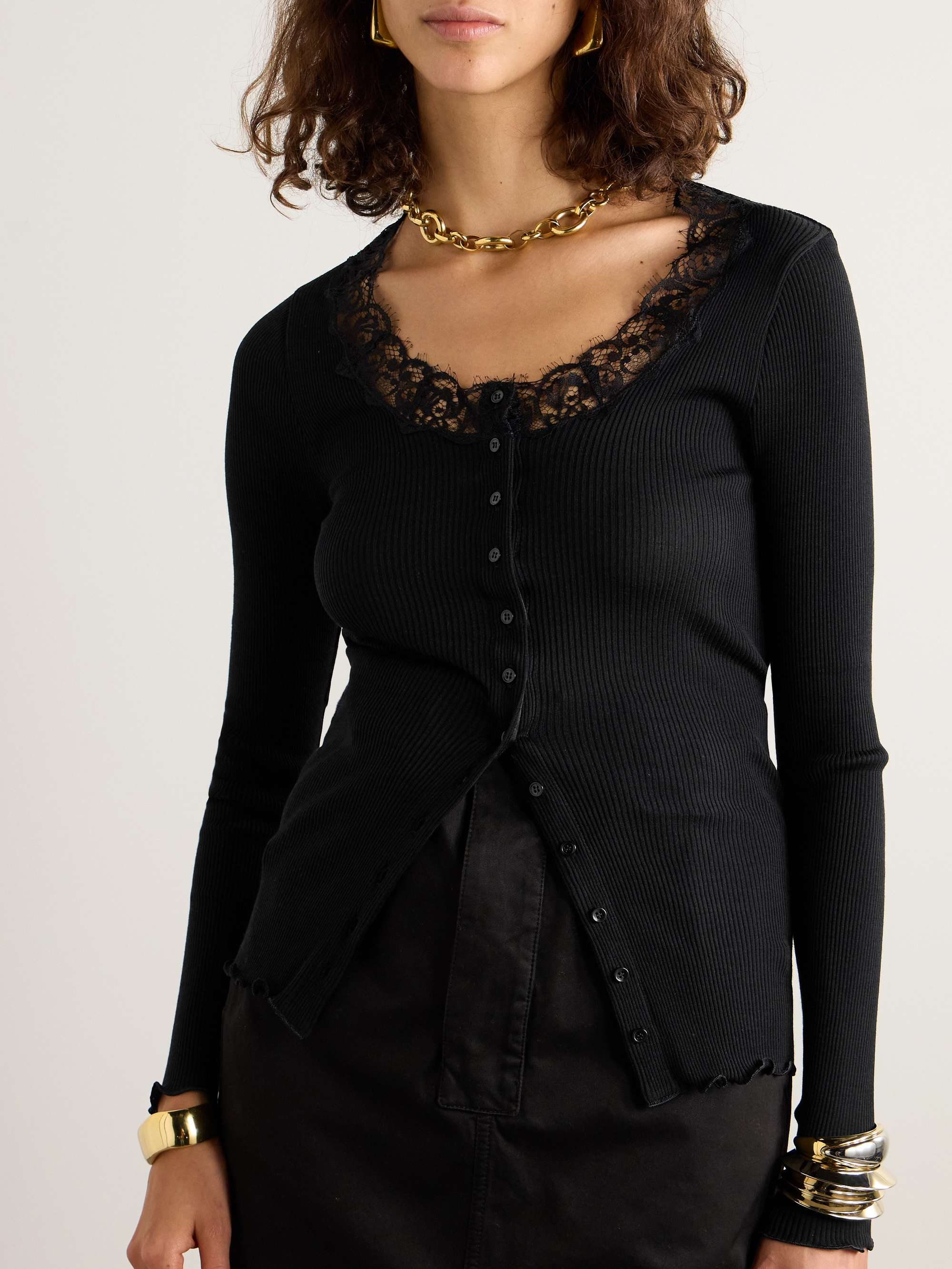 Scalloped lace-trimmed ribbed wool and silk-blend cardigan view