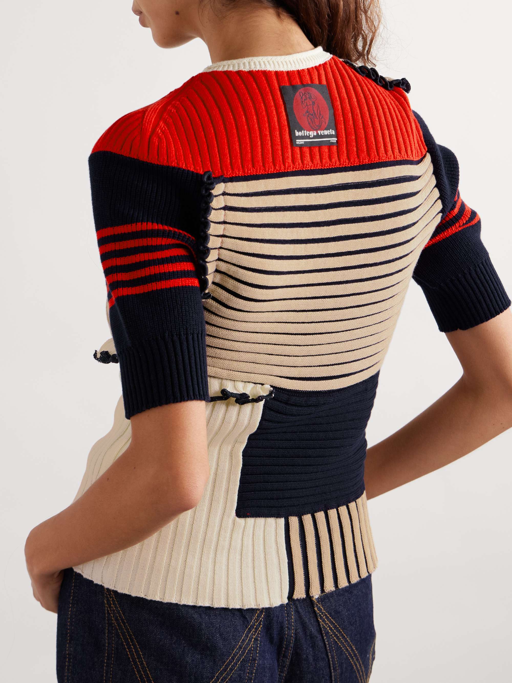 Patchwork ruffled striped ribbed cotton sweater view