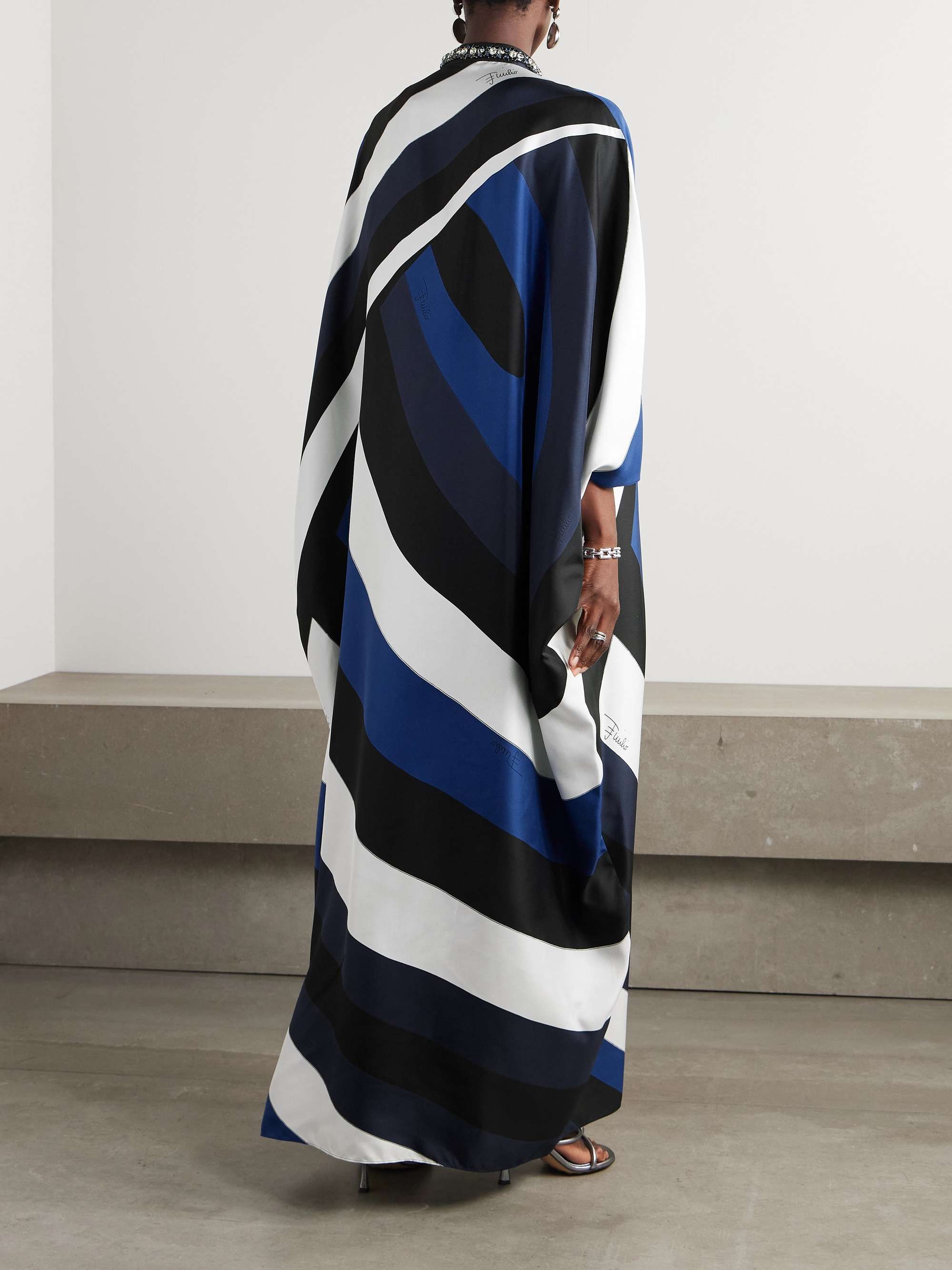 Embellished tie-front printed silk-twill kaftan view