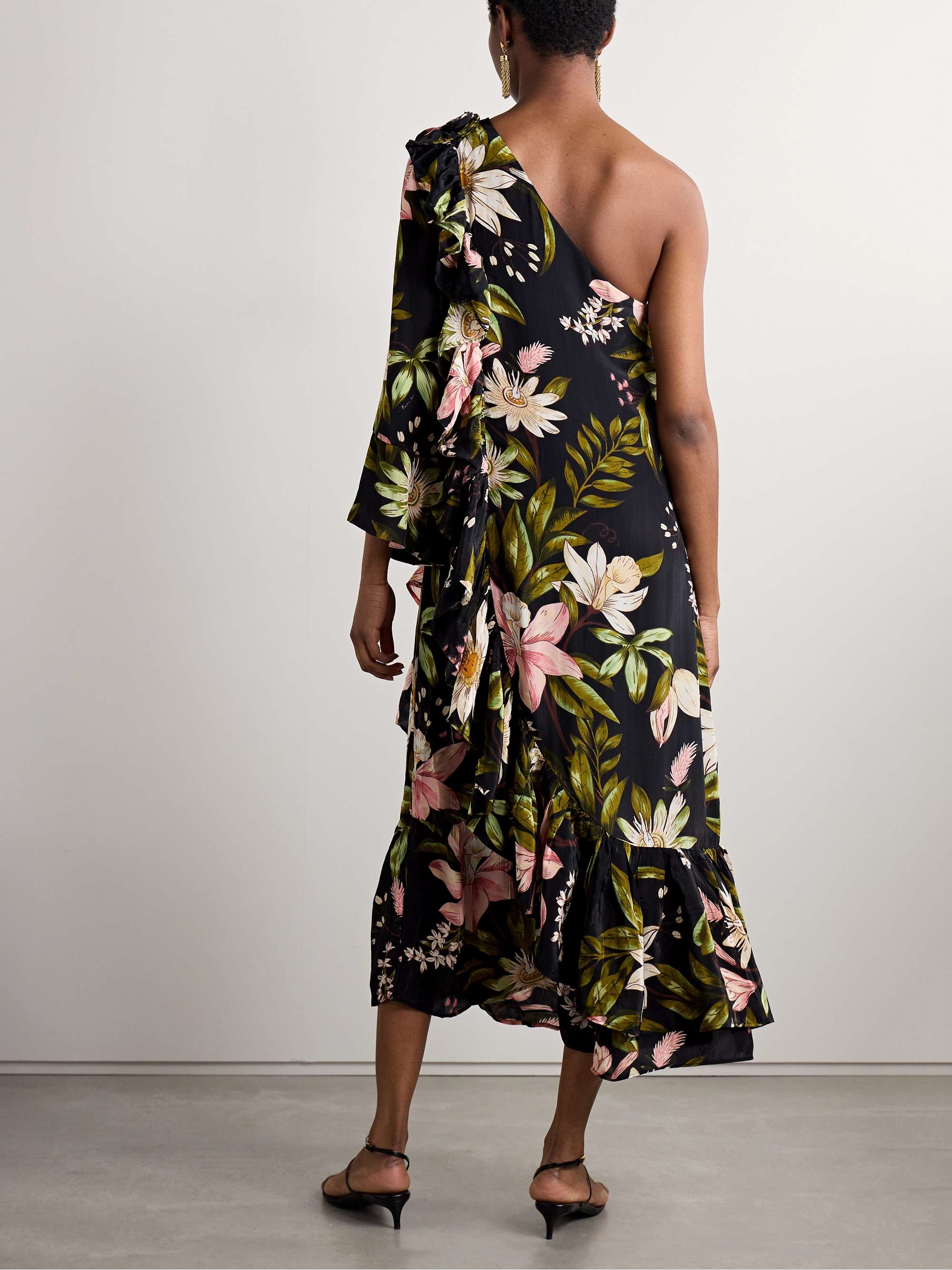 One-sleeve ruffled floral-print crepe de chine midi dress view