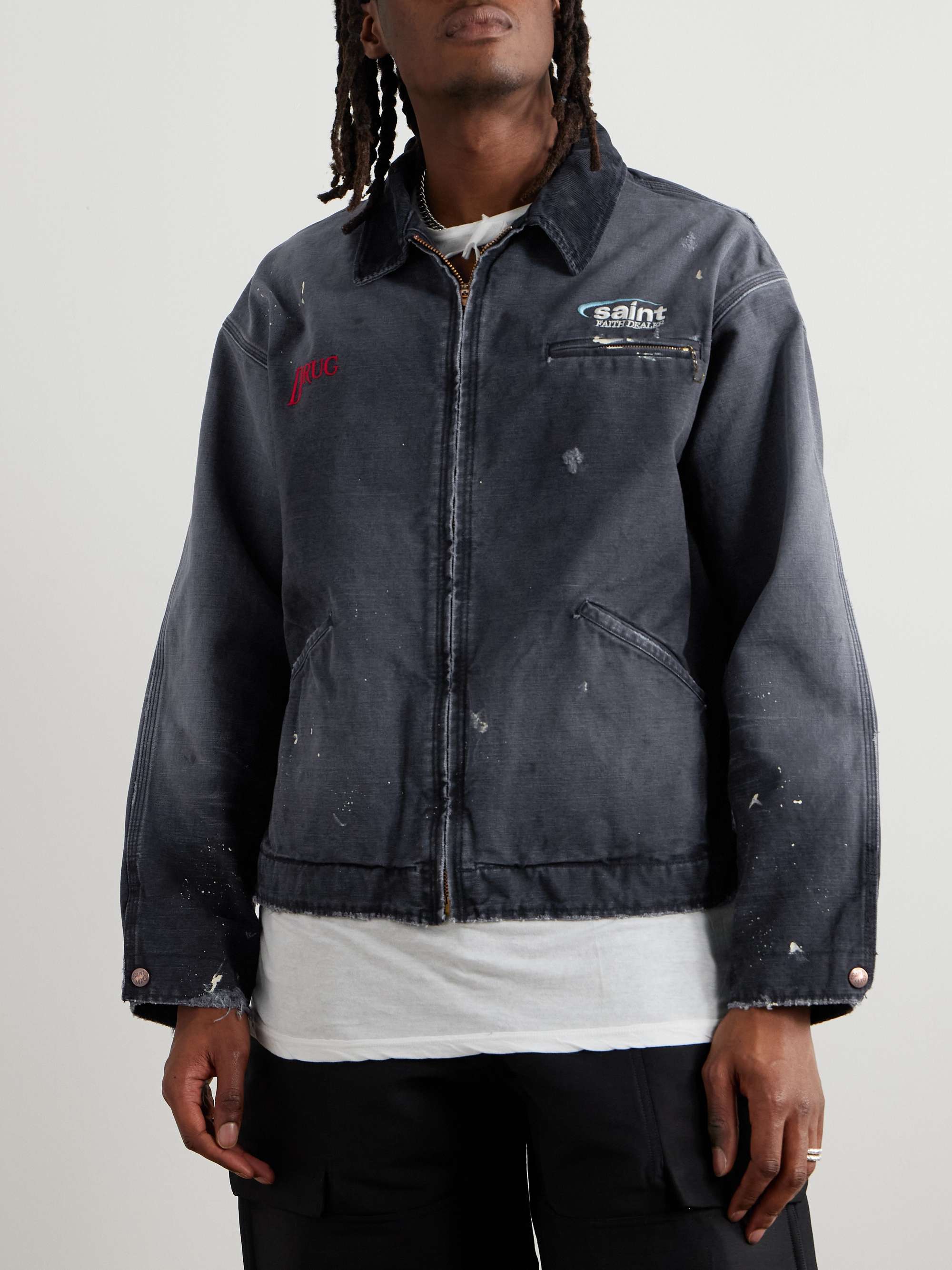 Corduroy-Trimmed Logo-Embroidered Distressed Cotton-Canvas Jacket view