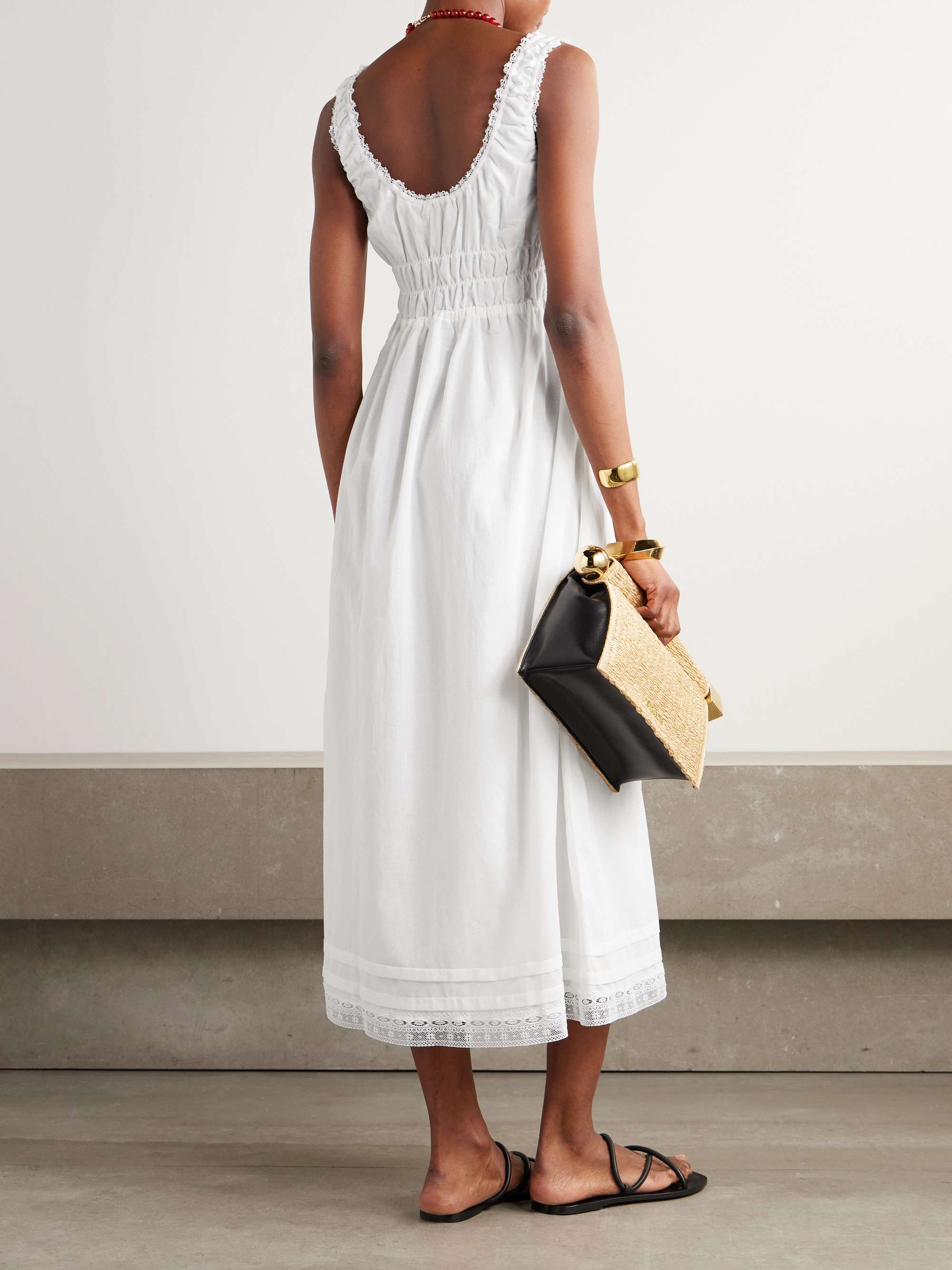 Juliet bow-embellished lace-trimmed shirred cotton-poplin midi dress view