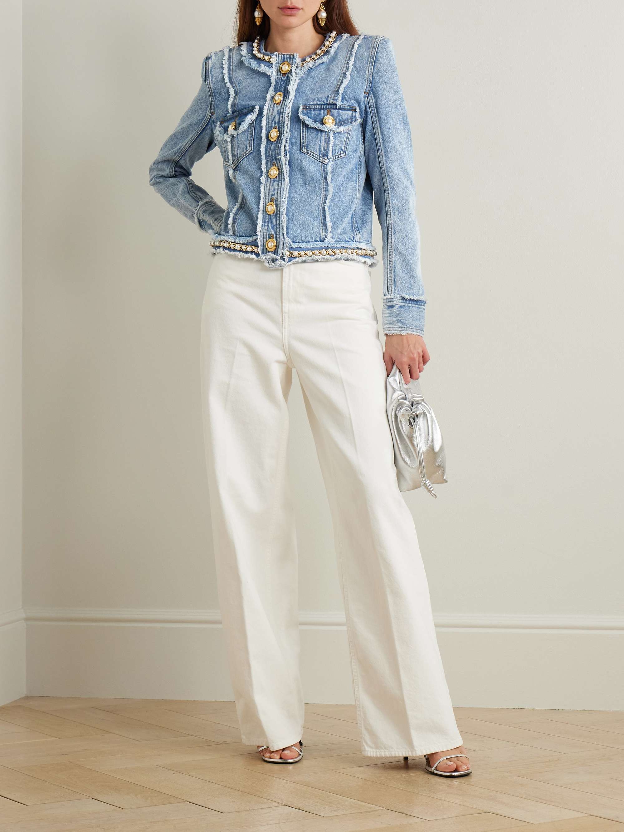 Faux pearl-embellished frayed denim jacket view