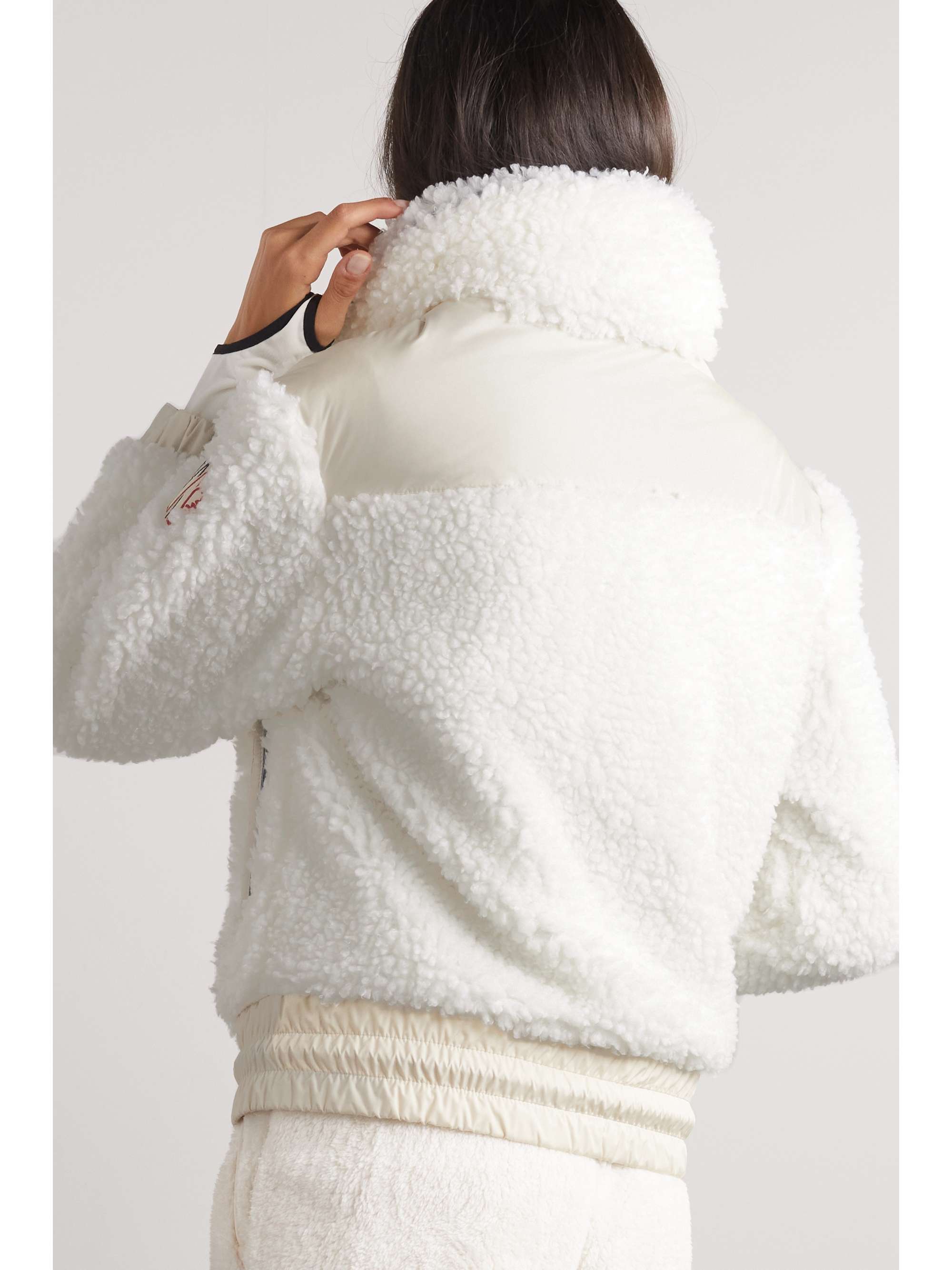 Appliquéd shell-paneled faux shearling down ski jacket view