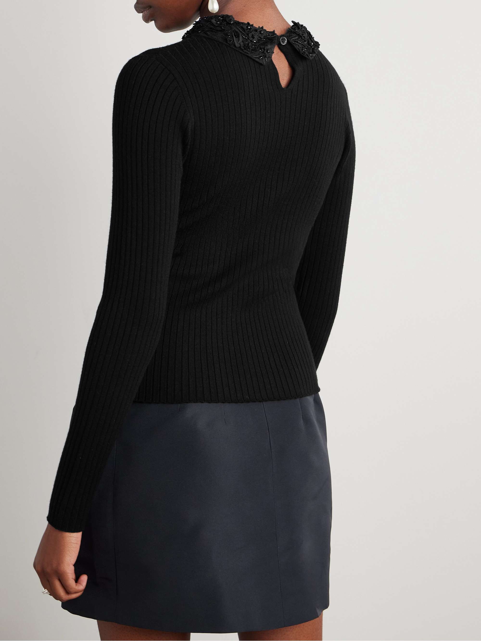 Convertible embellished crochet-trimmed ribbed wool sweater view