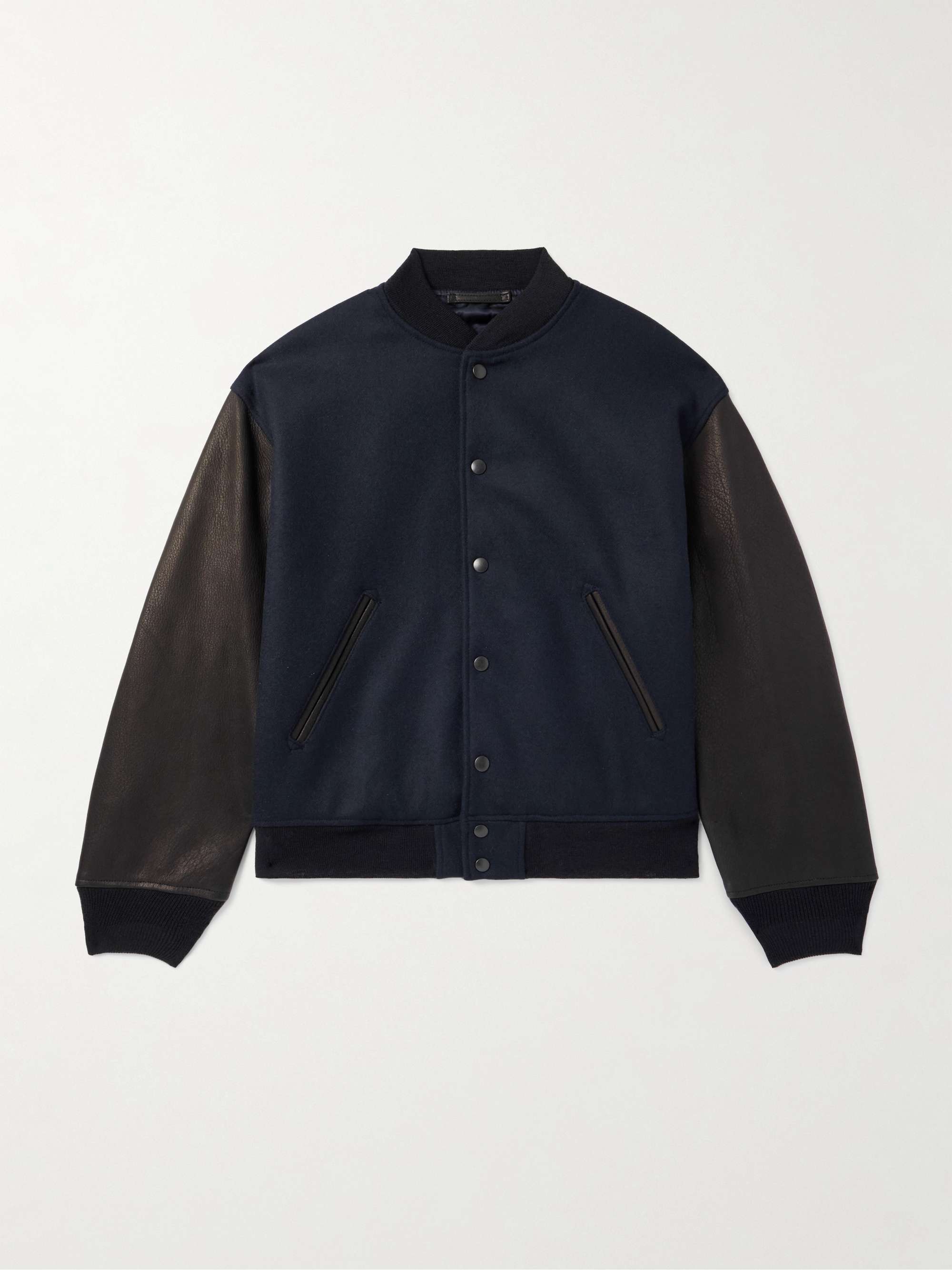 Award Full-Grain Leather and Wool-Twill Bomber Jacket view