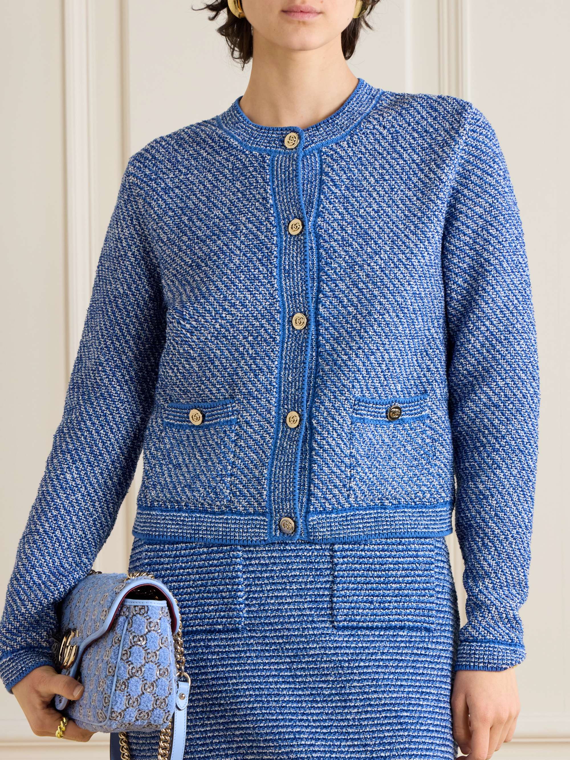 Striped cotton-blend bouclé cardigan view