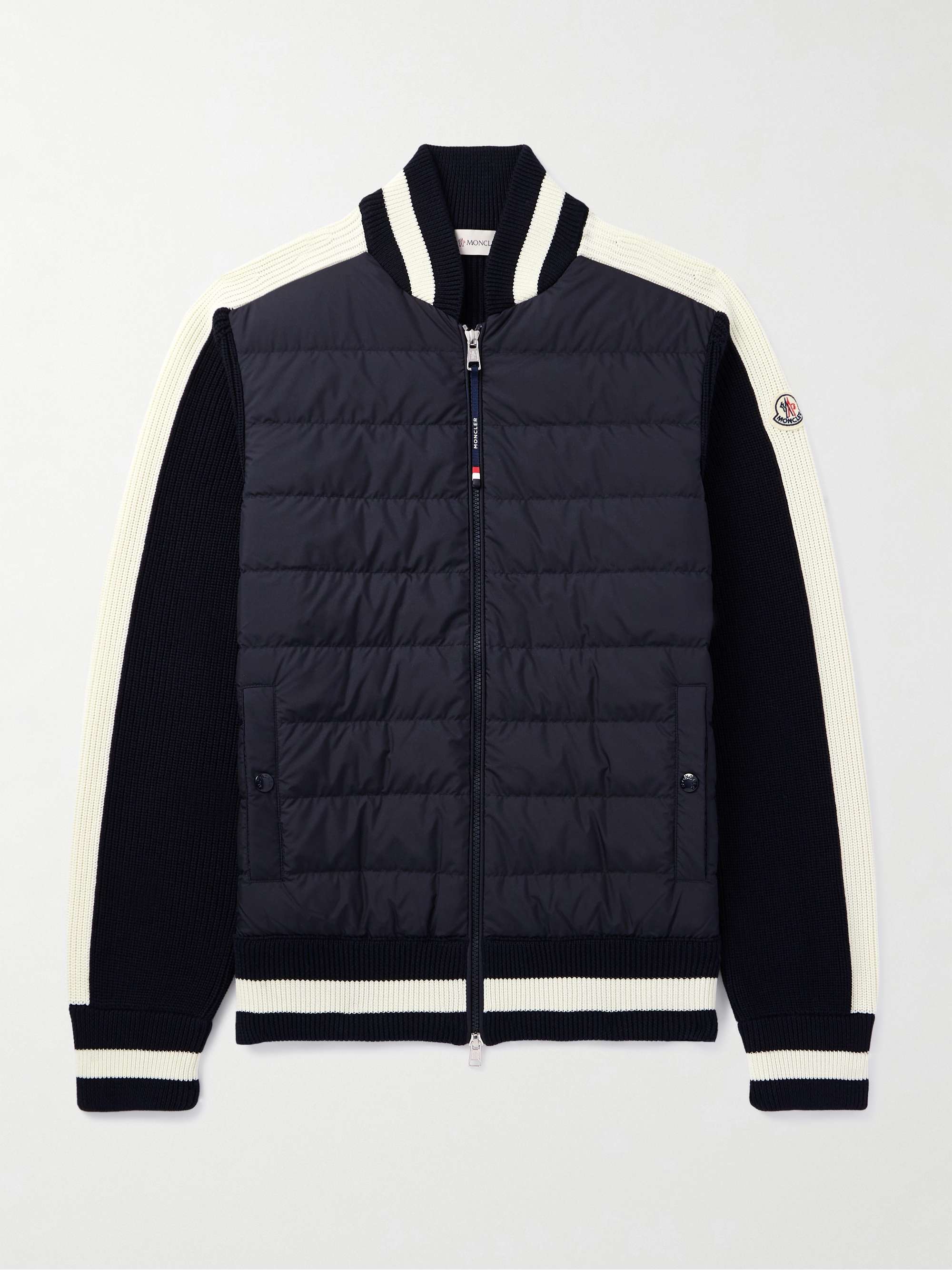 Slim-Fit Logo-Appliquéd Striped Ribbed Cotton and Quilted Shell Down Cardigan view