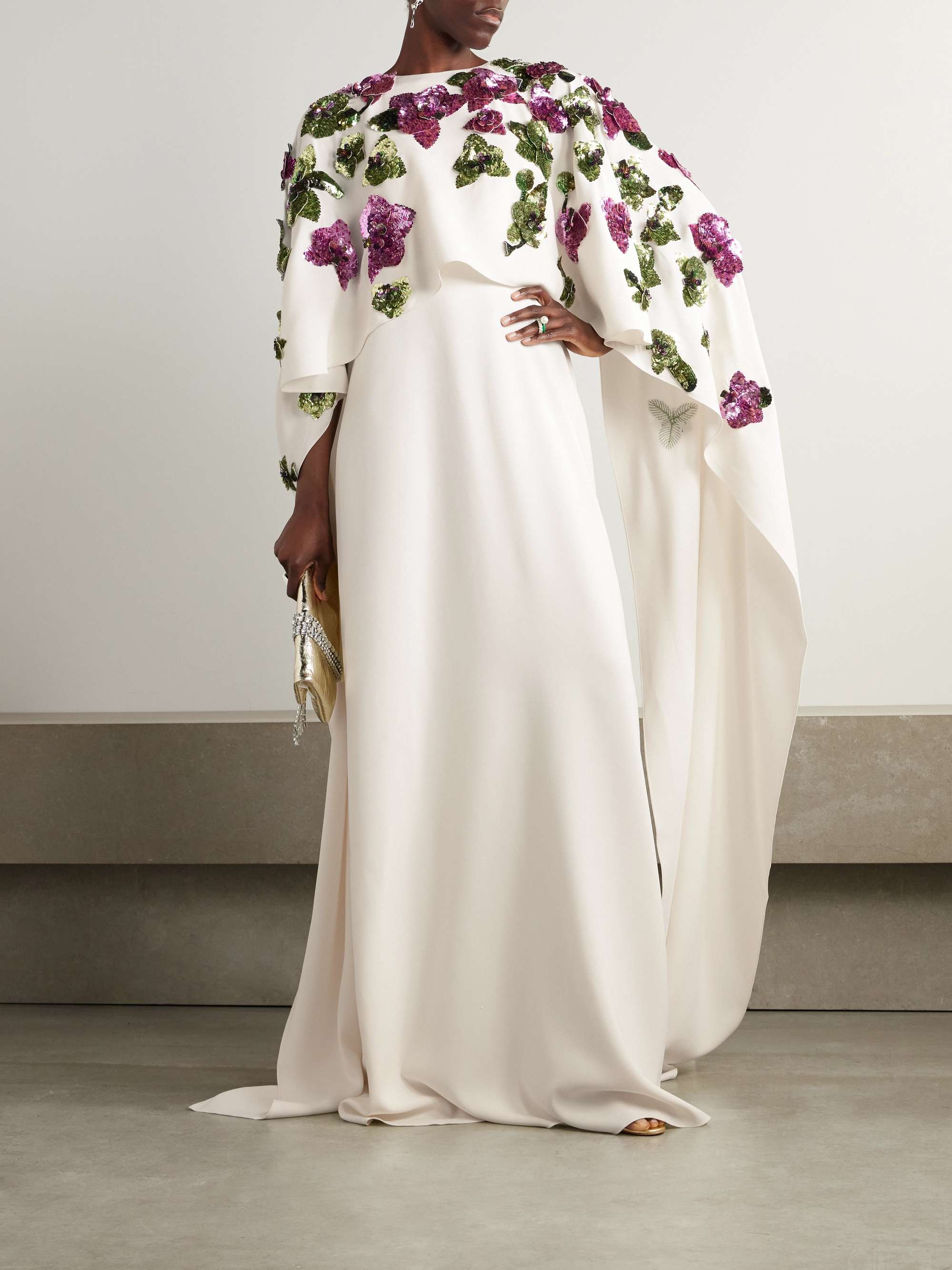 Cape-effect sequin-embellished stretch-silk georgette gown view