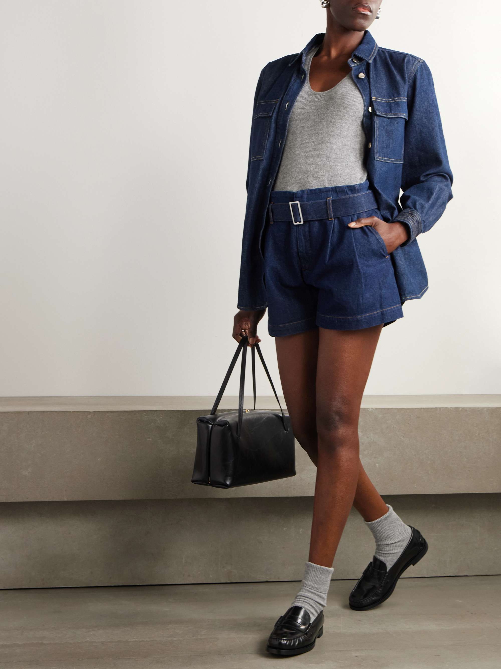 The Paper Bag belted pleated denim shorts view