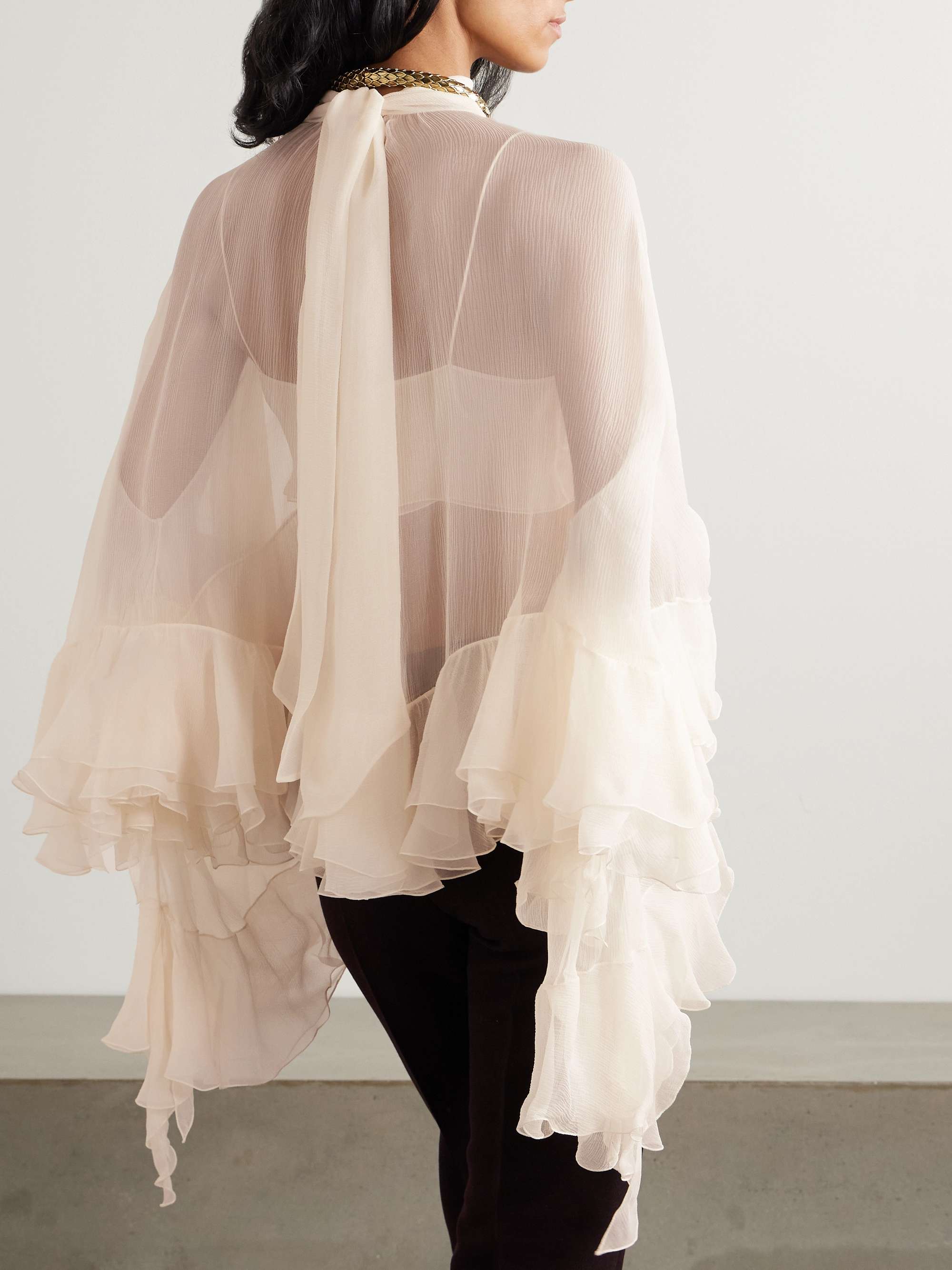Ruffled tiered silk-mousseline turtleneck blouse view