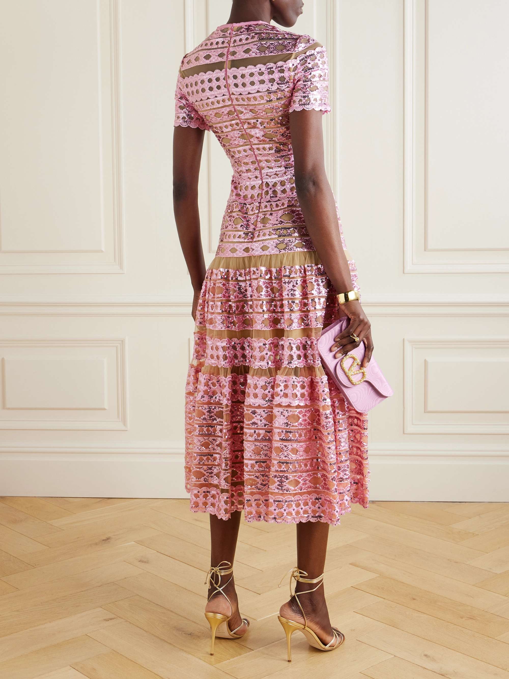 Tiered embroidered sequined tulle midi dress view