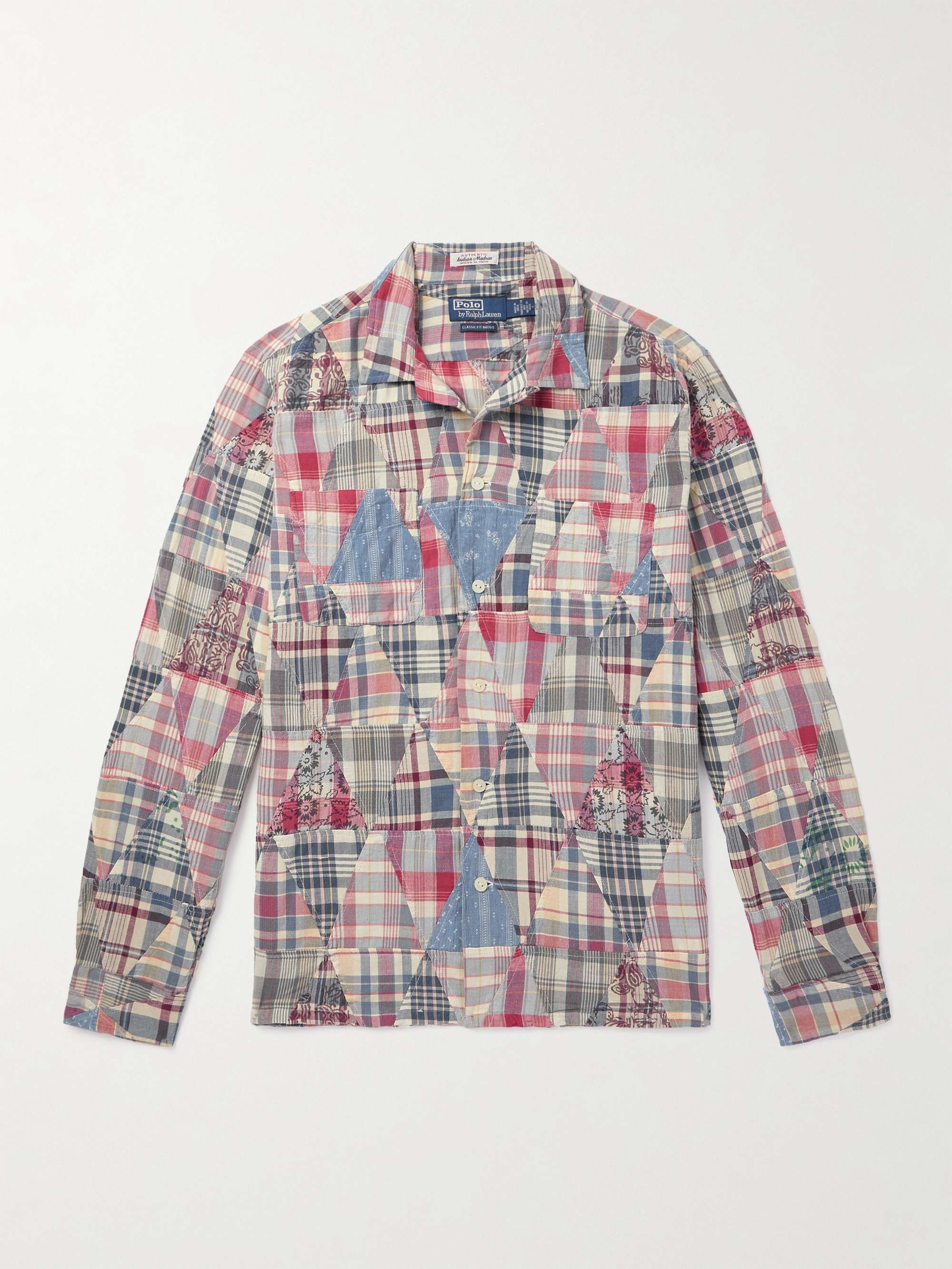 Convertible-Collar Patchwork Indigo-Dyed Cotton-Madras Shirt view