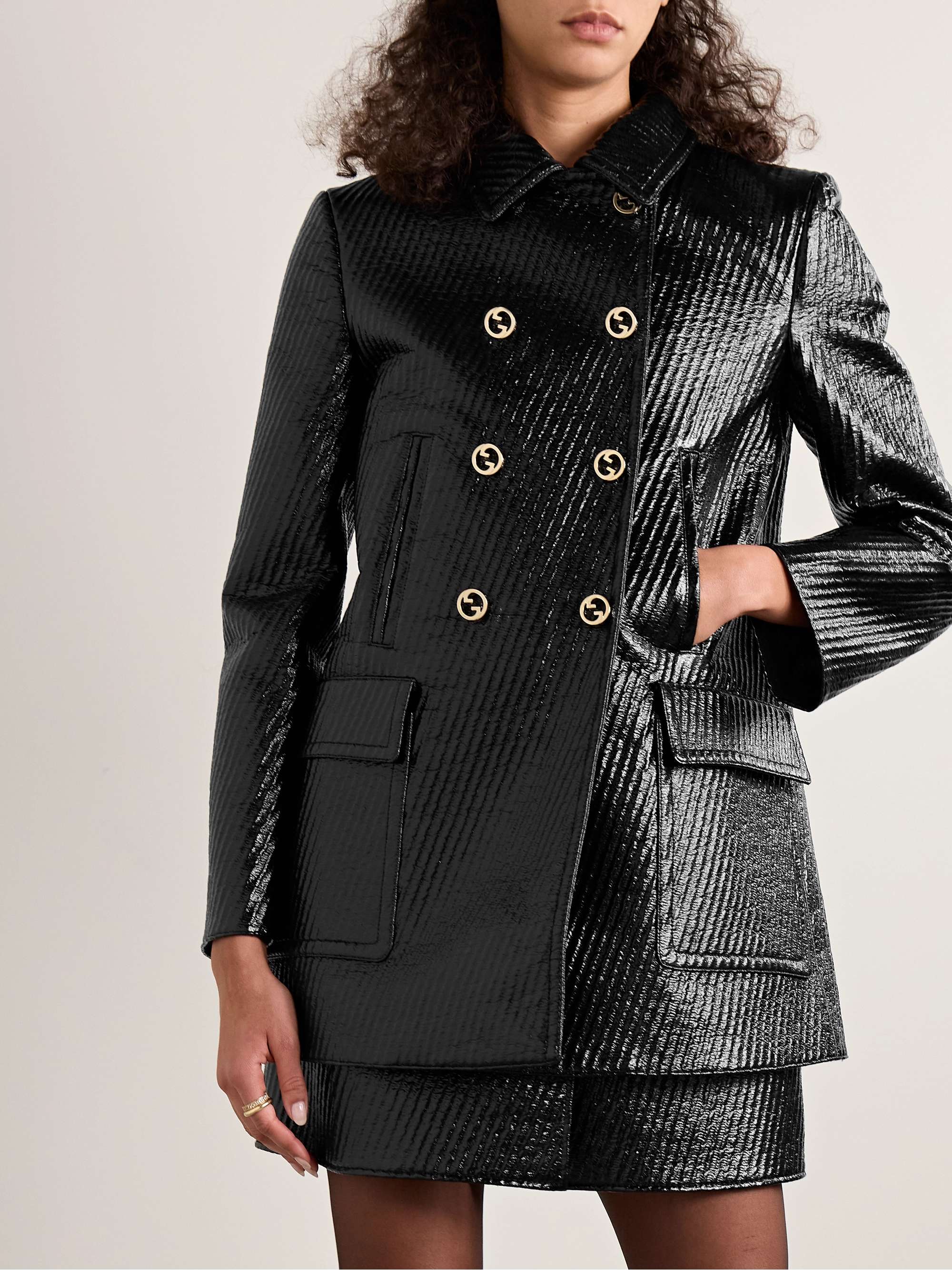Double-breasted quilted coated wool-blend jacket view