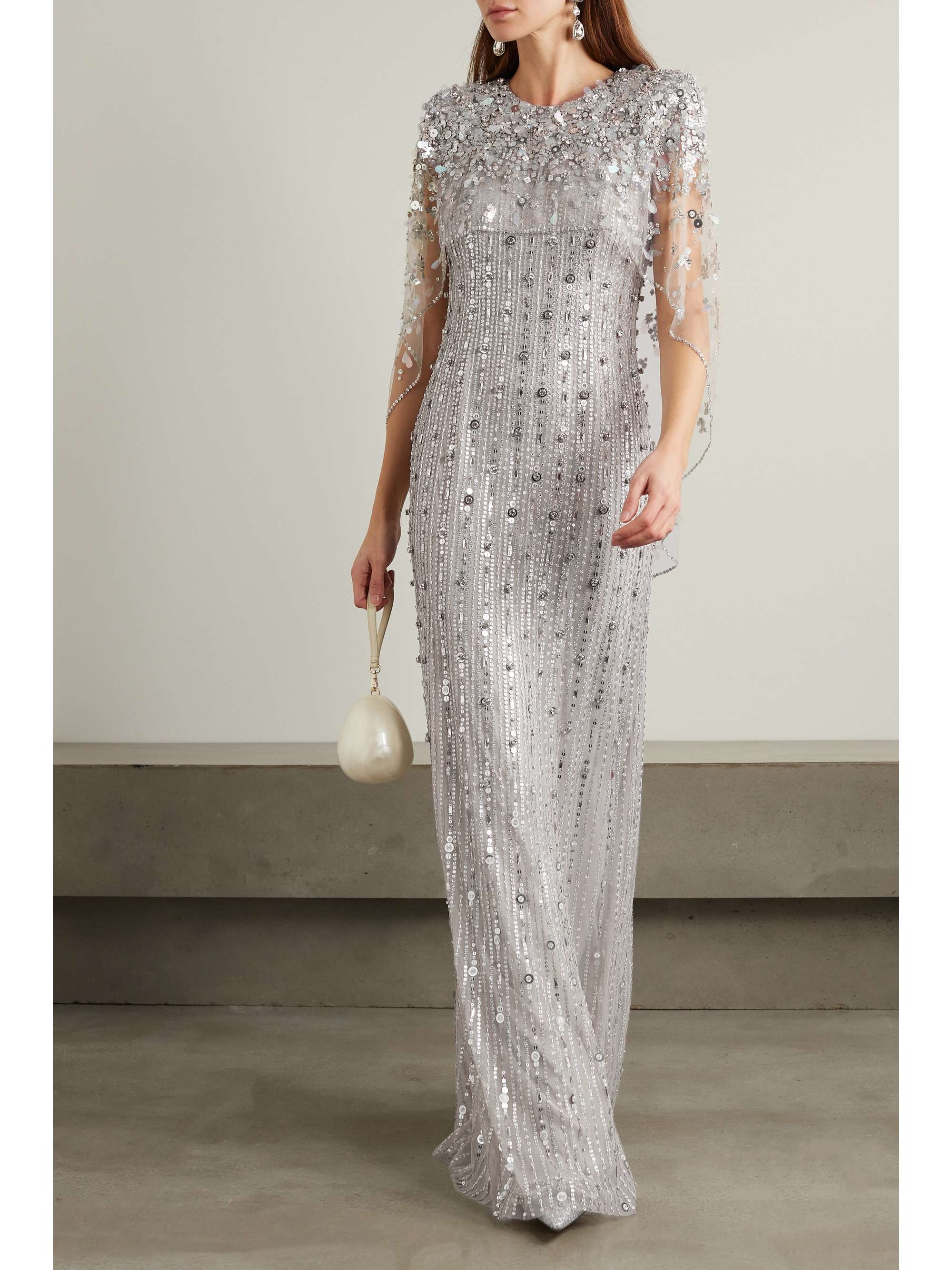 Nettie cape-effect embellished sequined tulle gown view