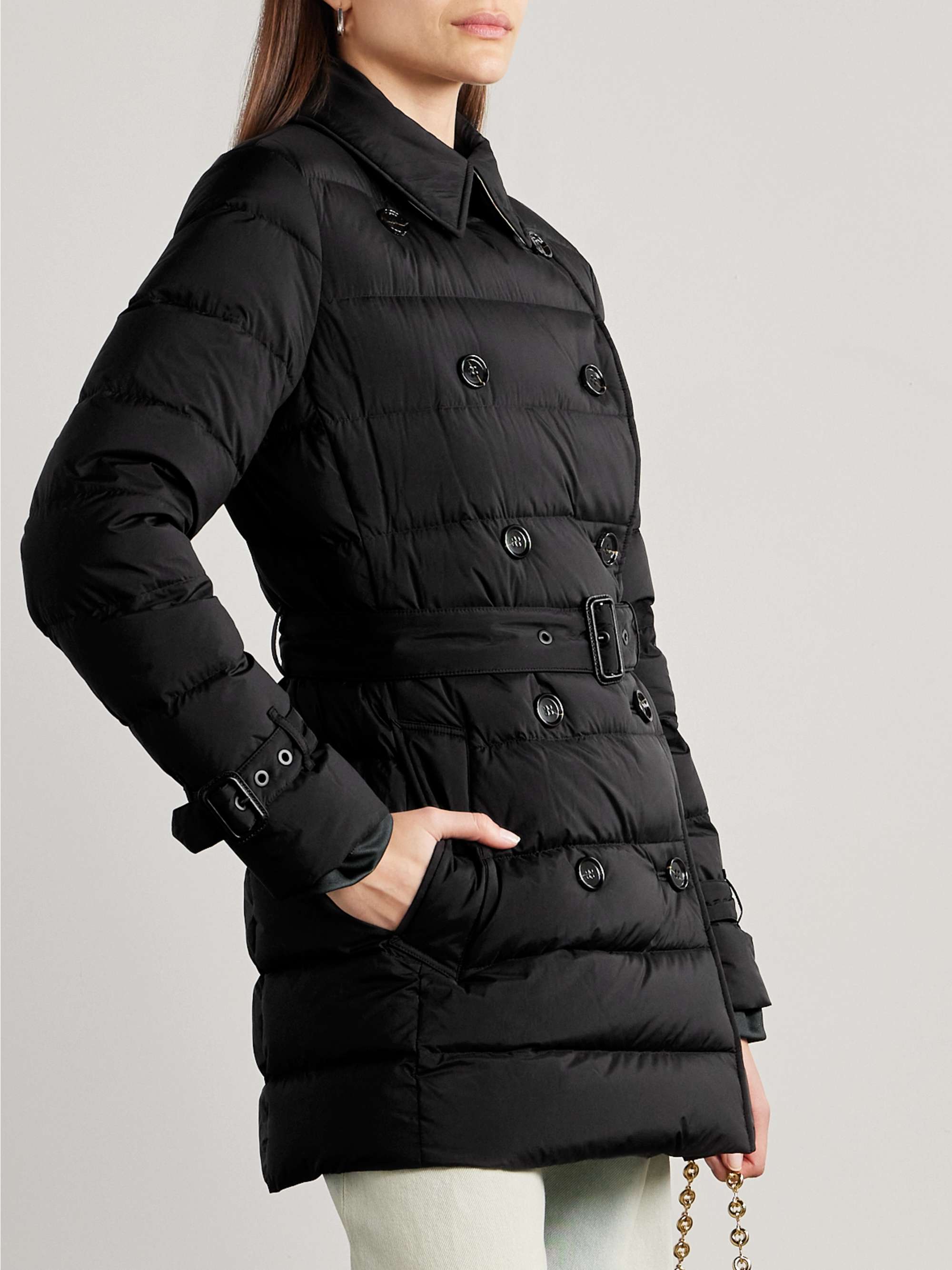 Hooded belted double-breasted quilted shell down coat view
