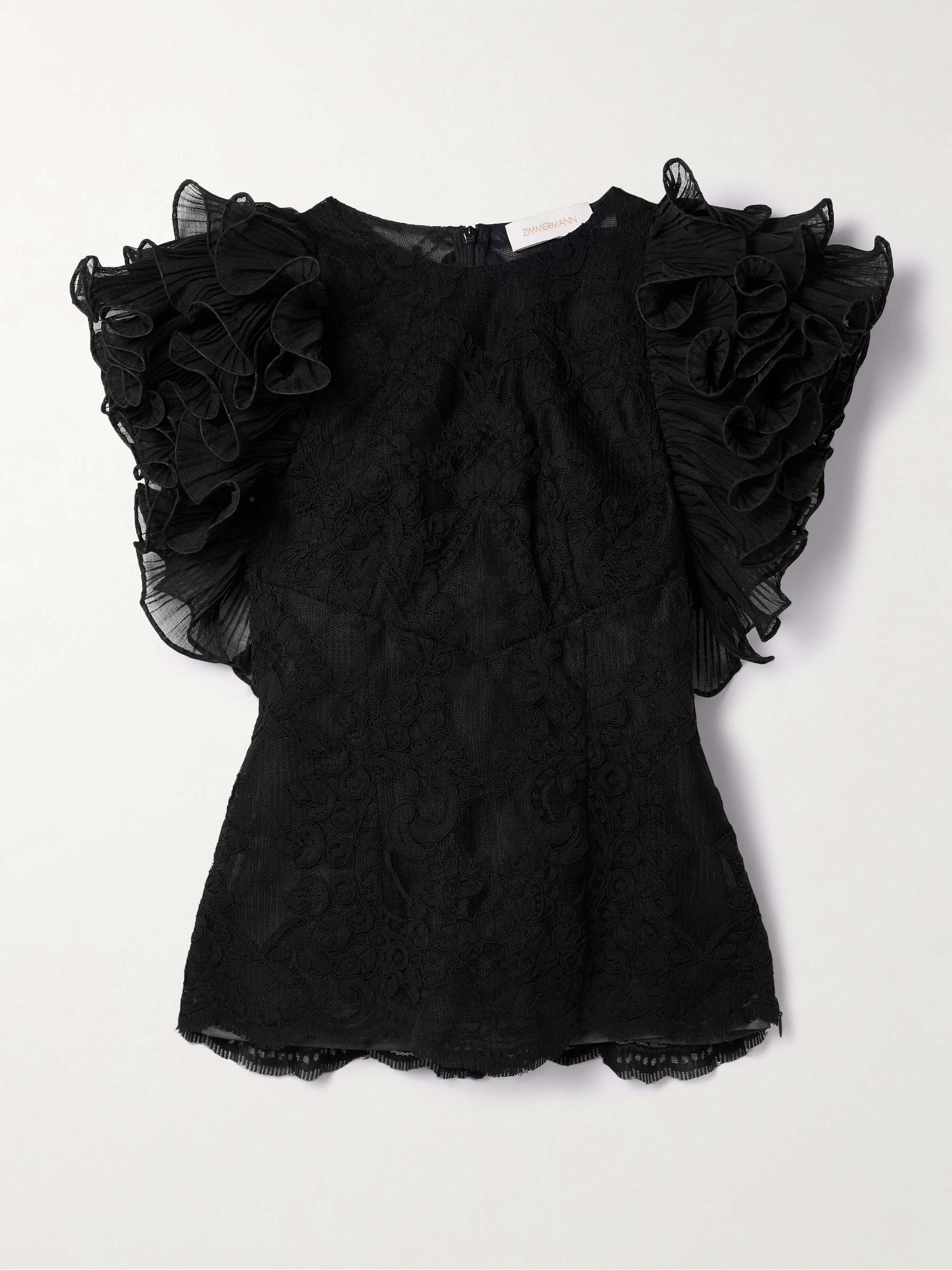 Crush ruffled plissé-tulle and corded lace top view