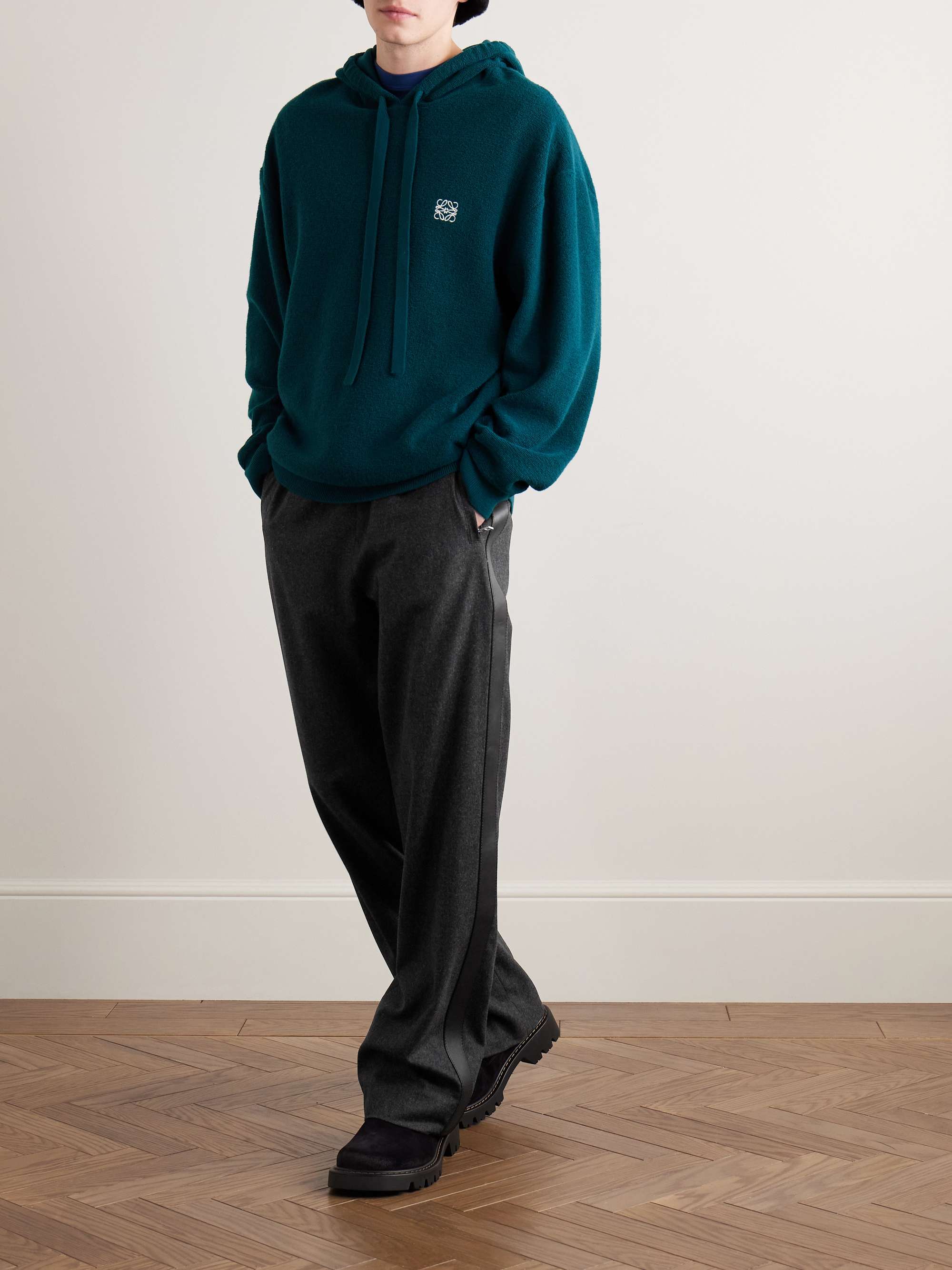 Straight-Leg Leather-Trimmed Wool and Cashmere-Blend Flannel Drawstring Trousers view