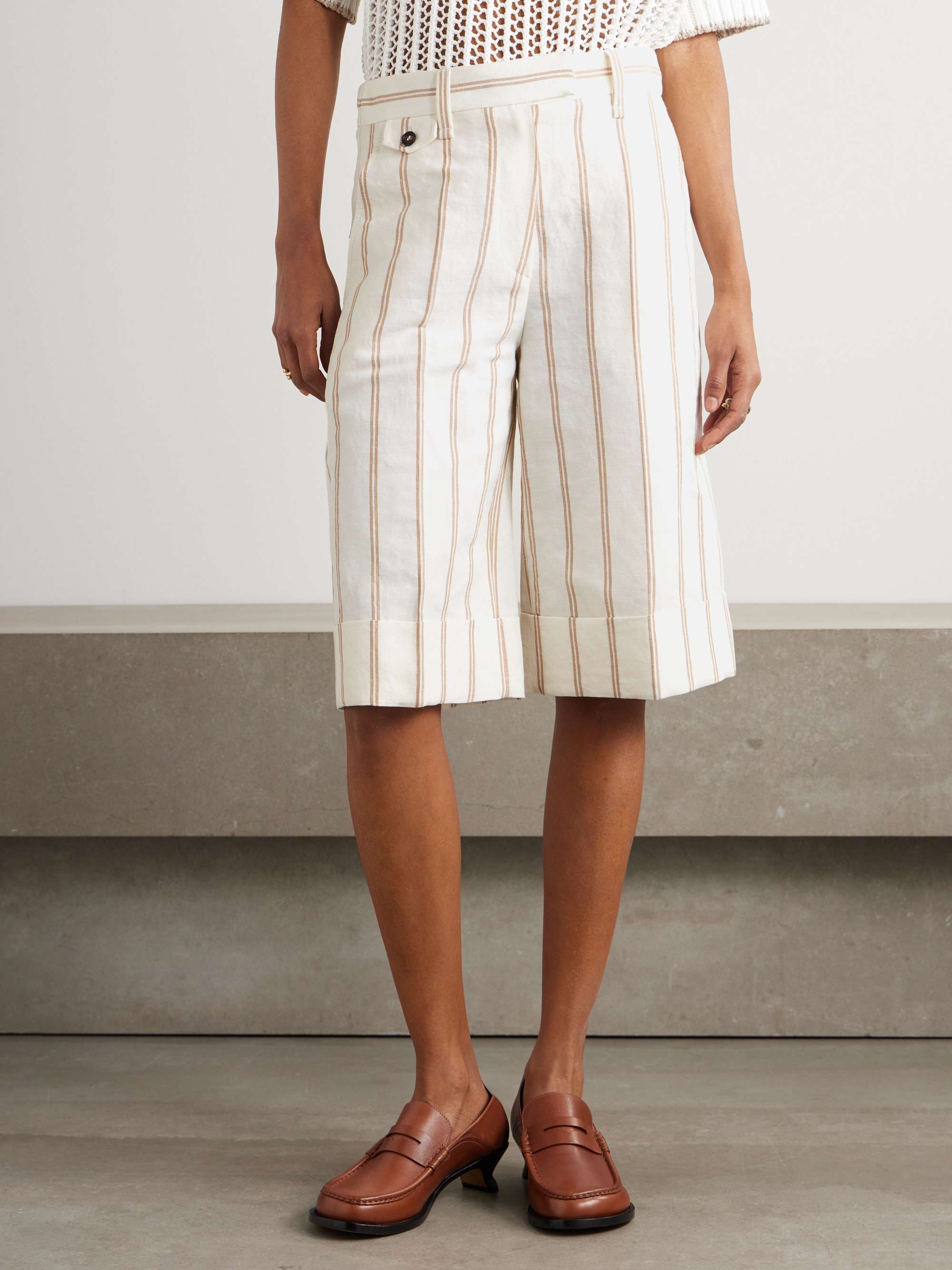 Pinstriped linen and cotton-blend shorts view