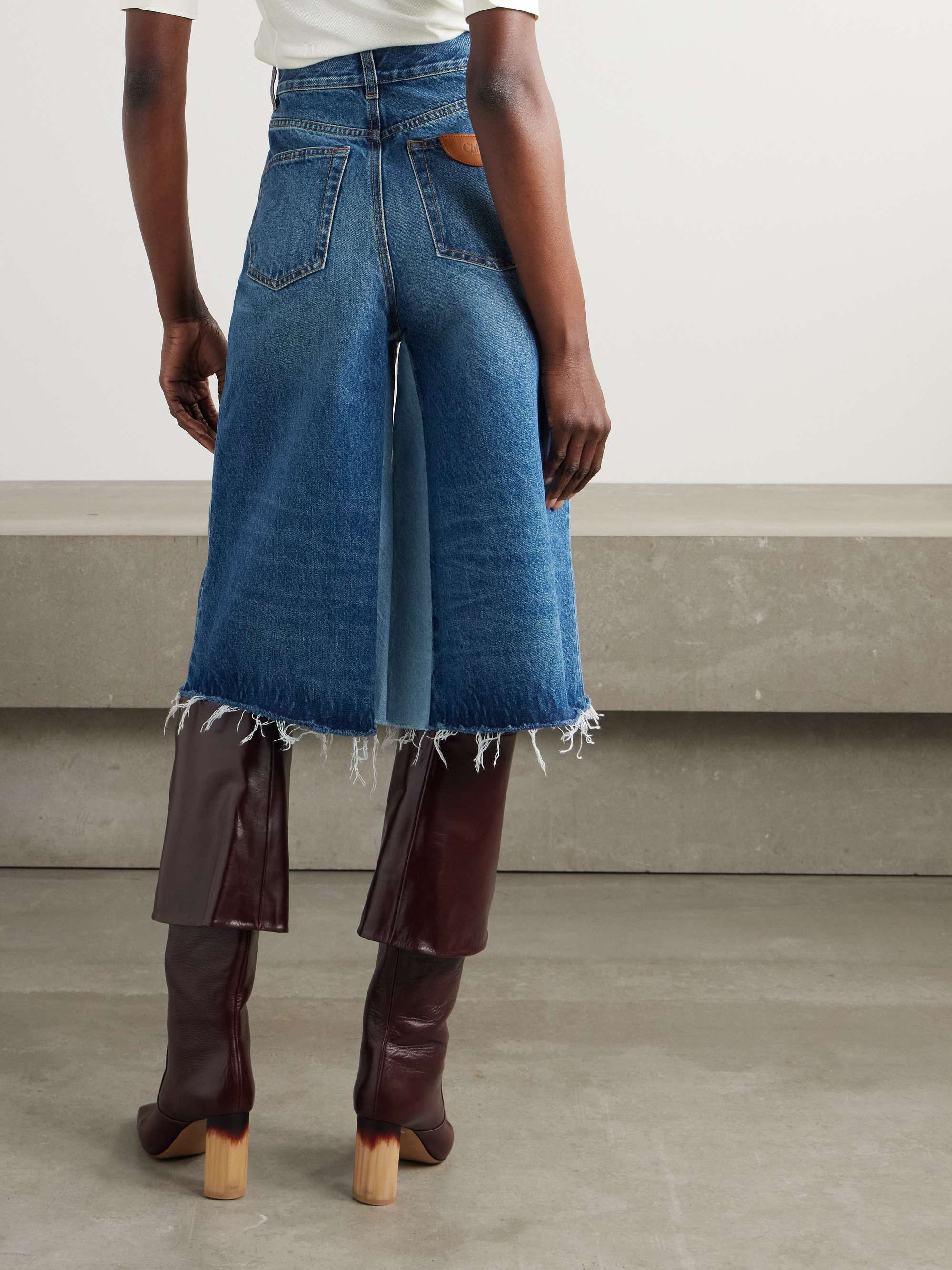 Frayed patchwork denim wide-leg culottes view