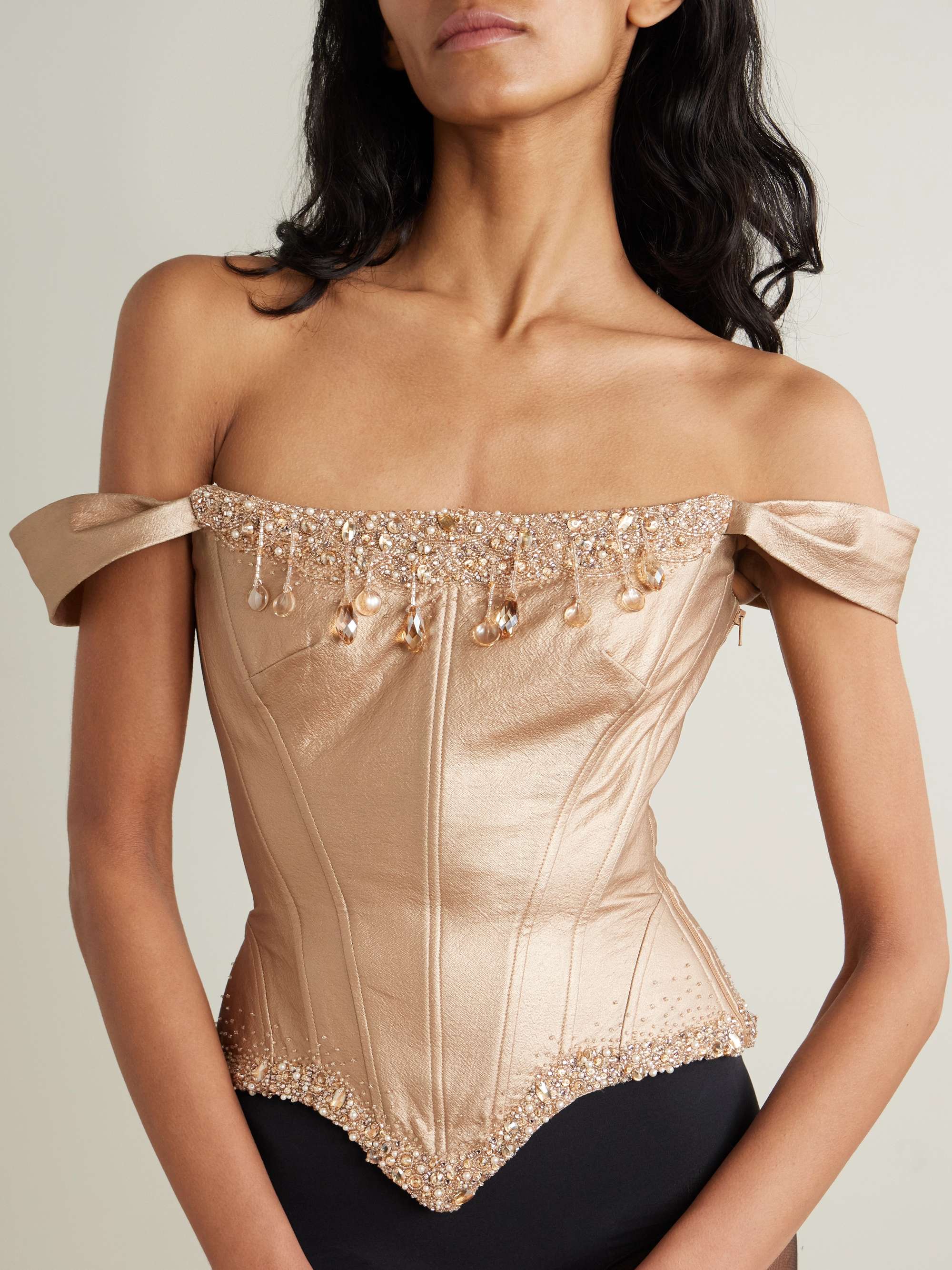 Amber embellished metallic faux leather bustier top view