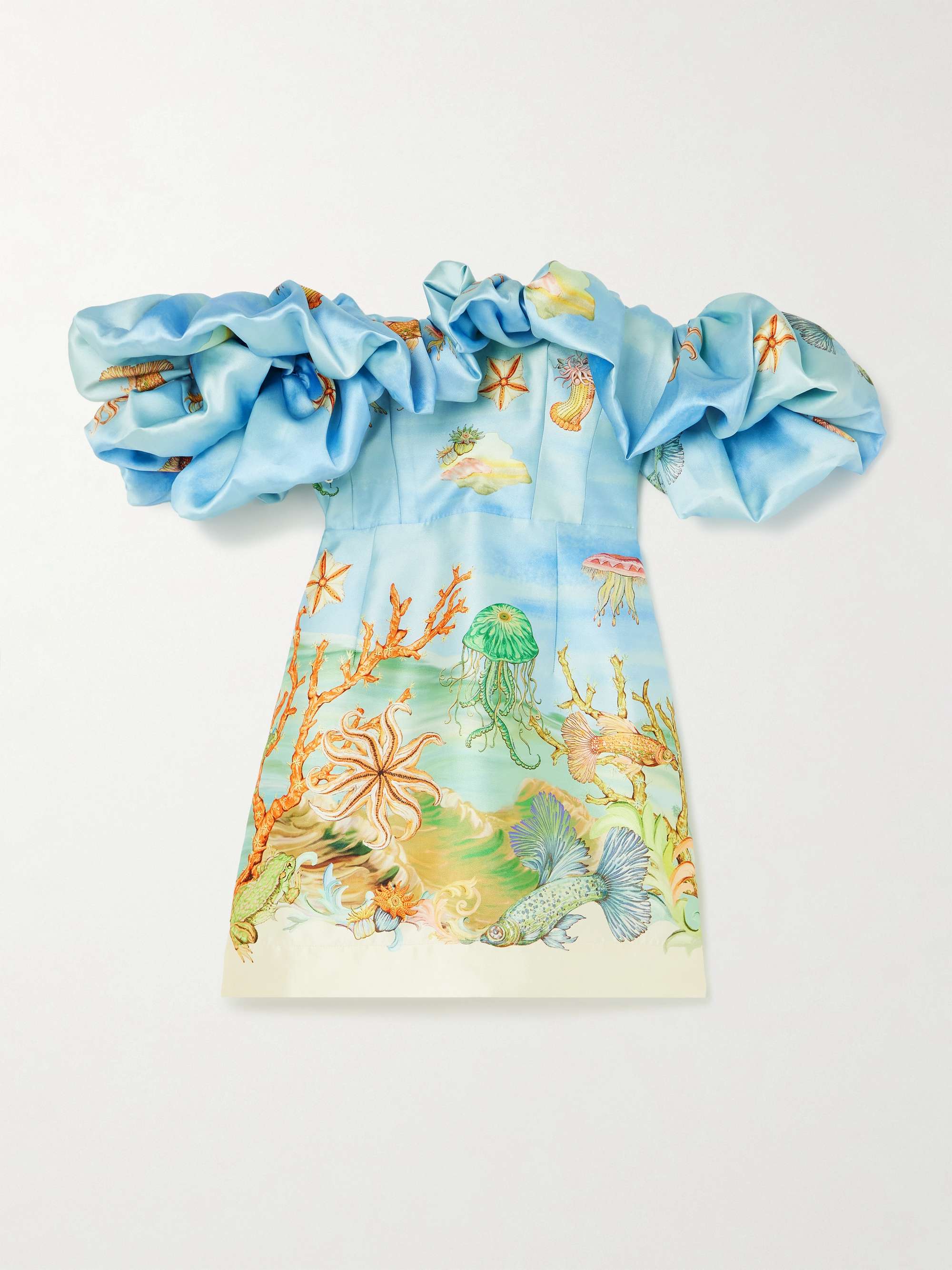 + Sam Pauletto Emerald Cove off-the-shoulder gathered printed recycled Duchesse-satin mini dress view