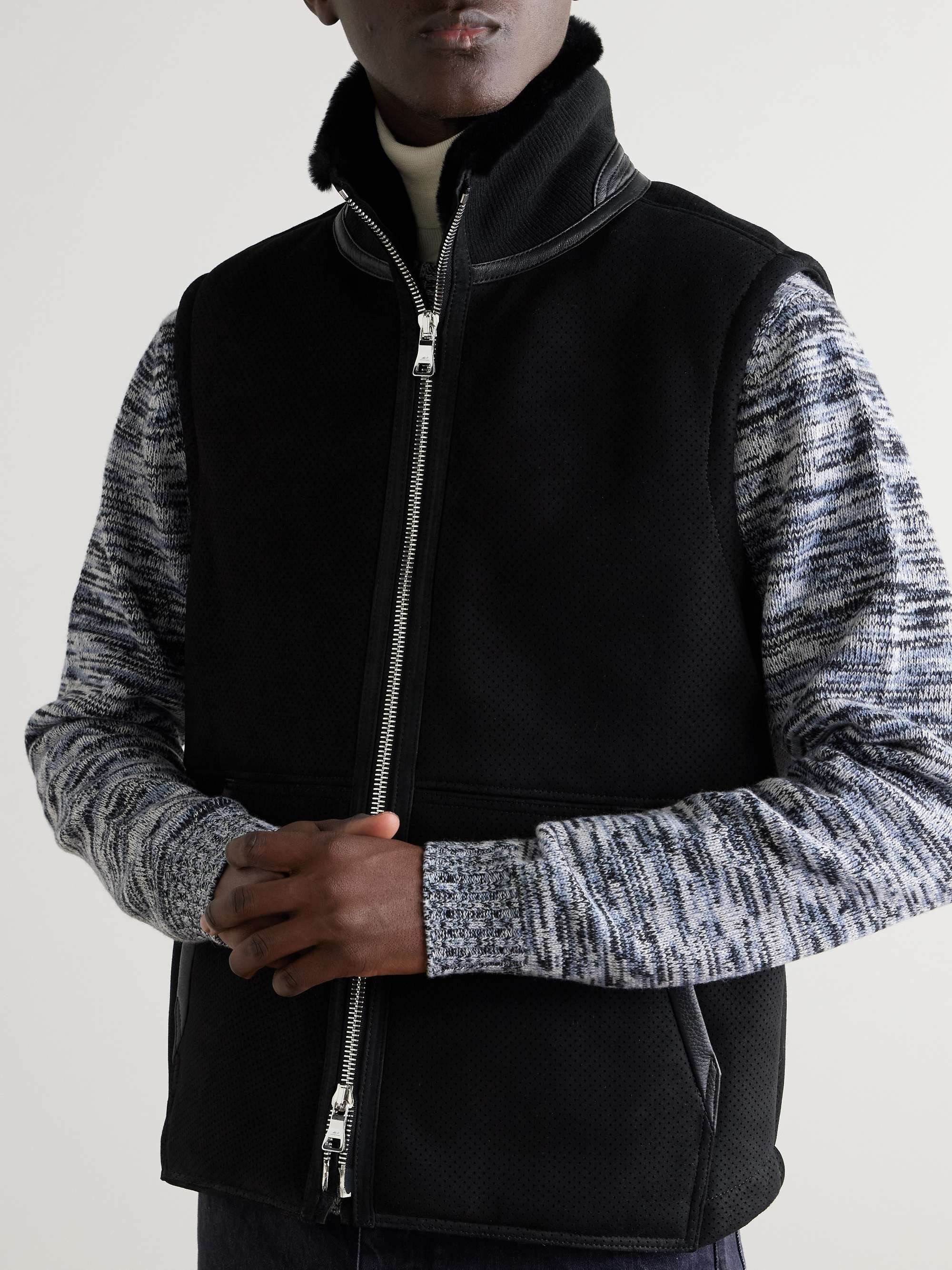 Full-Grain Leather-Trimmed Perforated Shearling Gilet view