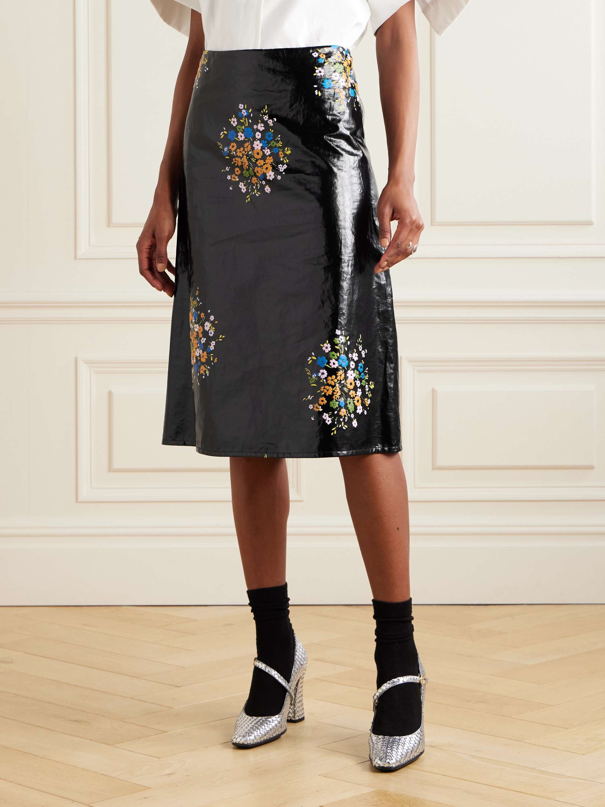Floral-print coated-linen midi skirt view